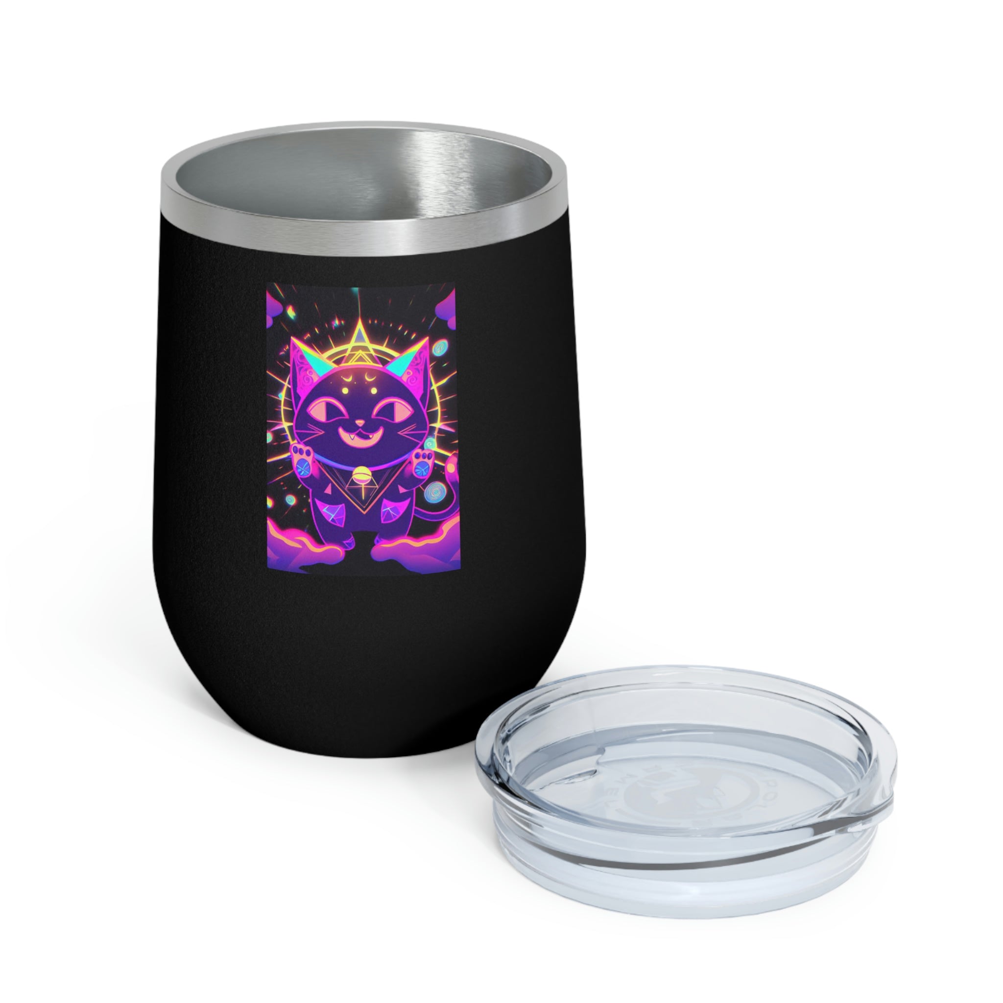 Purple Cat Wine Tumbler with clear lid, showcasing a whimsical cat design.