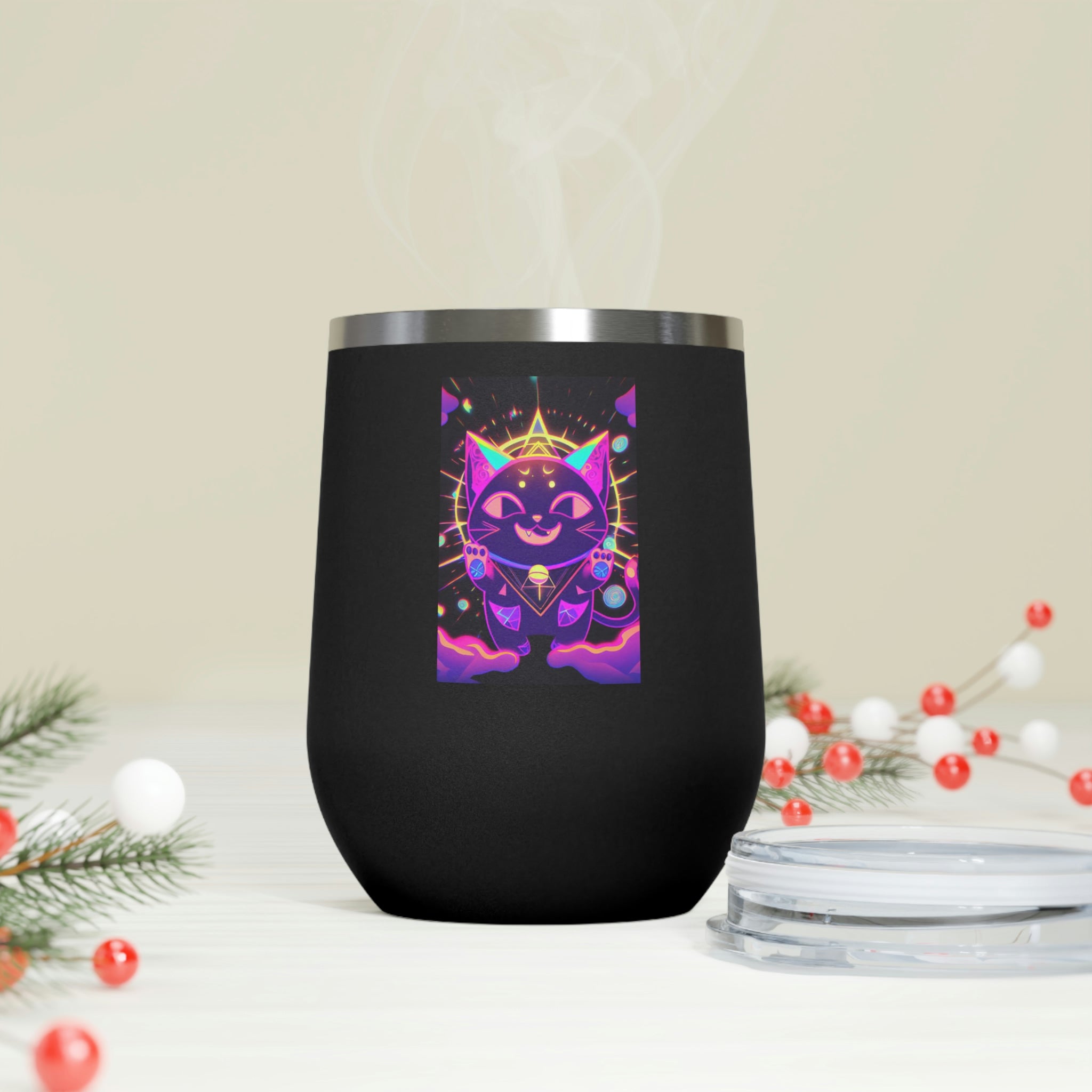 Purple Cat Wine Tumbler with clear lid, showcasing a whimsical cat design.