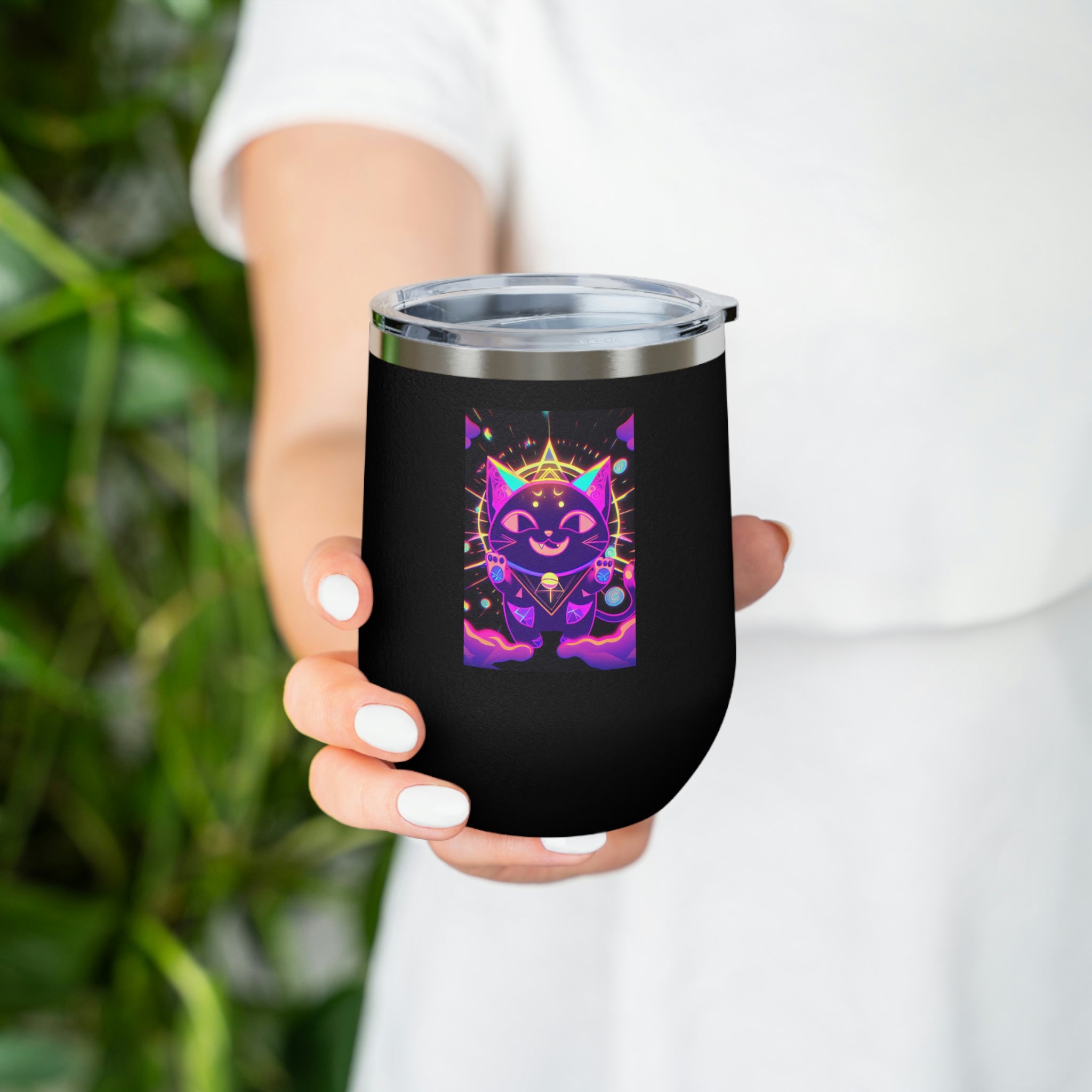 Purple Cat Wine Tumbler with clear lid, showcasing a whimsical cat design.