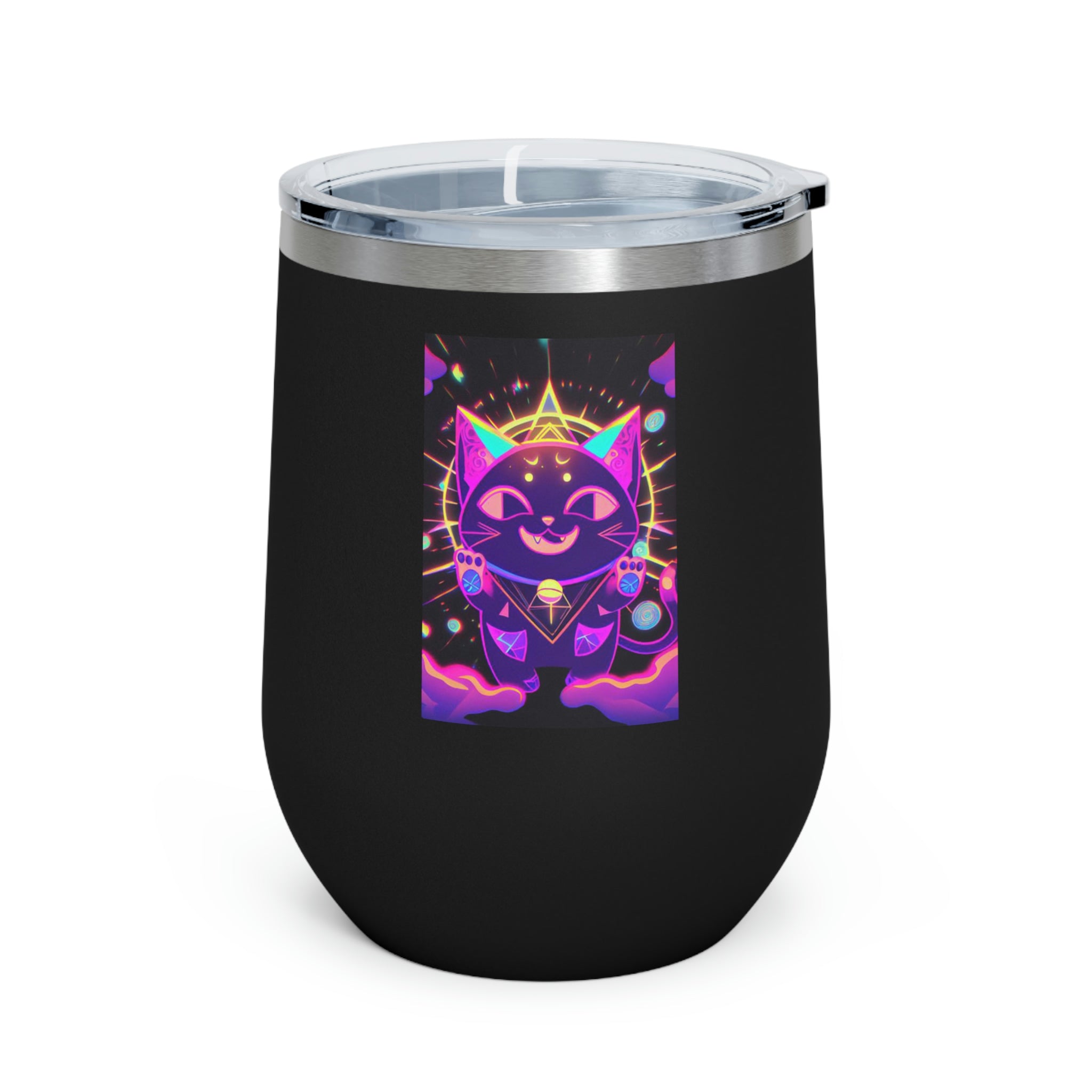 Purple Cat Wine Tumbler with clear lid, showcasing a whimsical cat design.