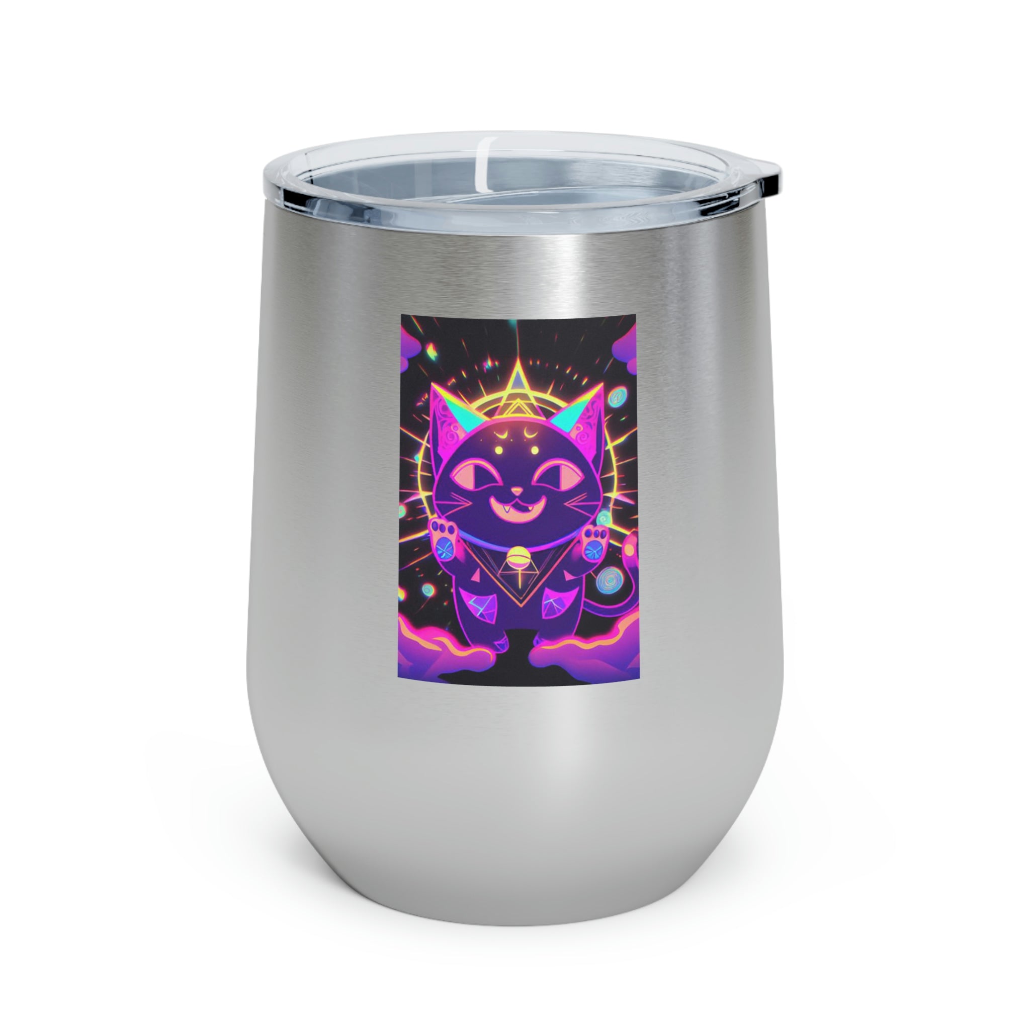 Purple Cat Wine Tumbler with clear lid, showcasing a whimsical cat design.