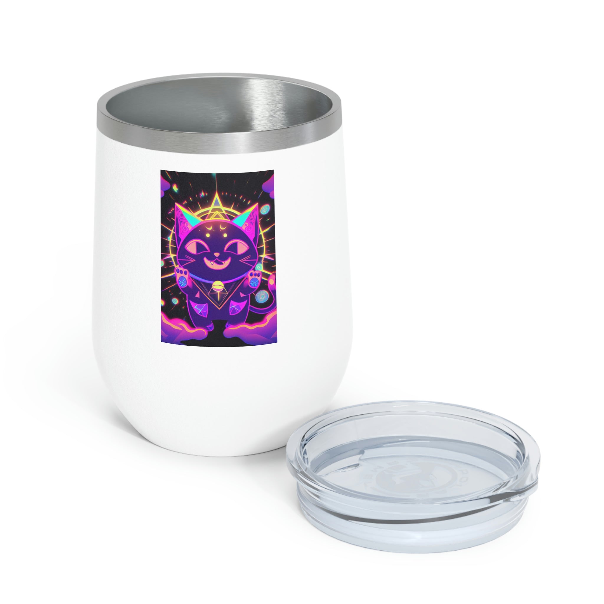 Purple Cat Wine Tumbler with clear lid, showcasing a whimsical cat design.