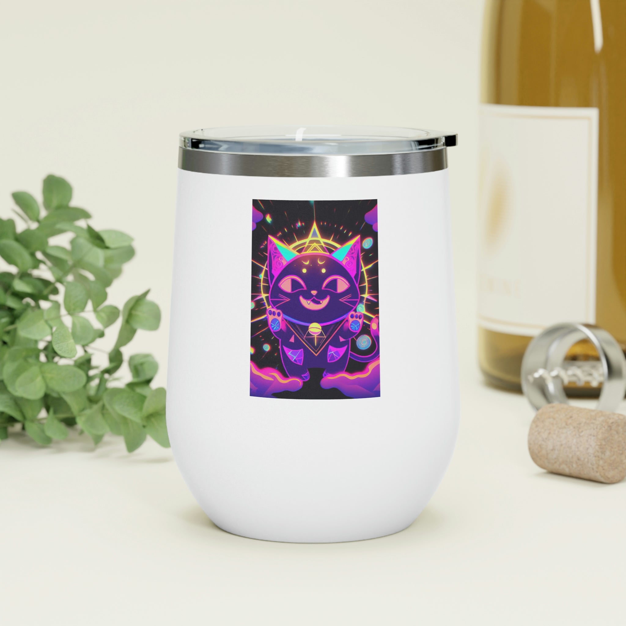 Purple Cat Wine Tumbler with clear lid, showcasing a whimsical cat design.