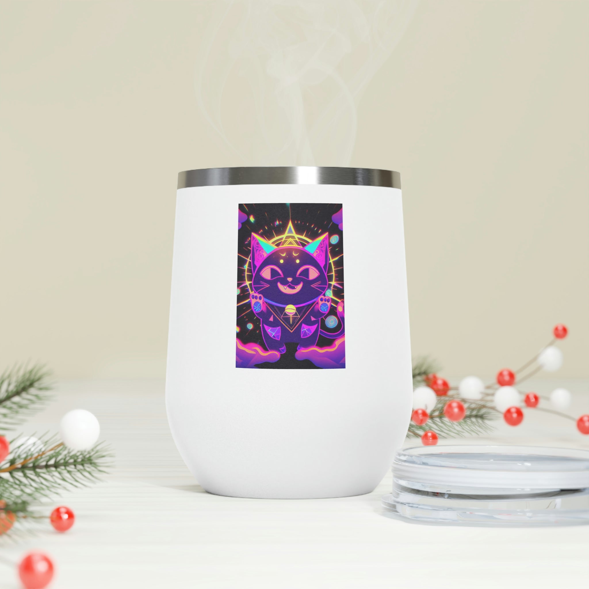 Purple Cat Wine Tumbler with clear lid, showcasing a whimsical cat design.