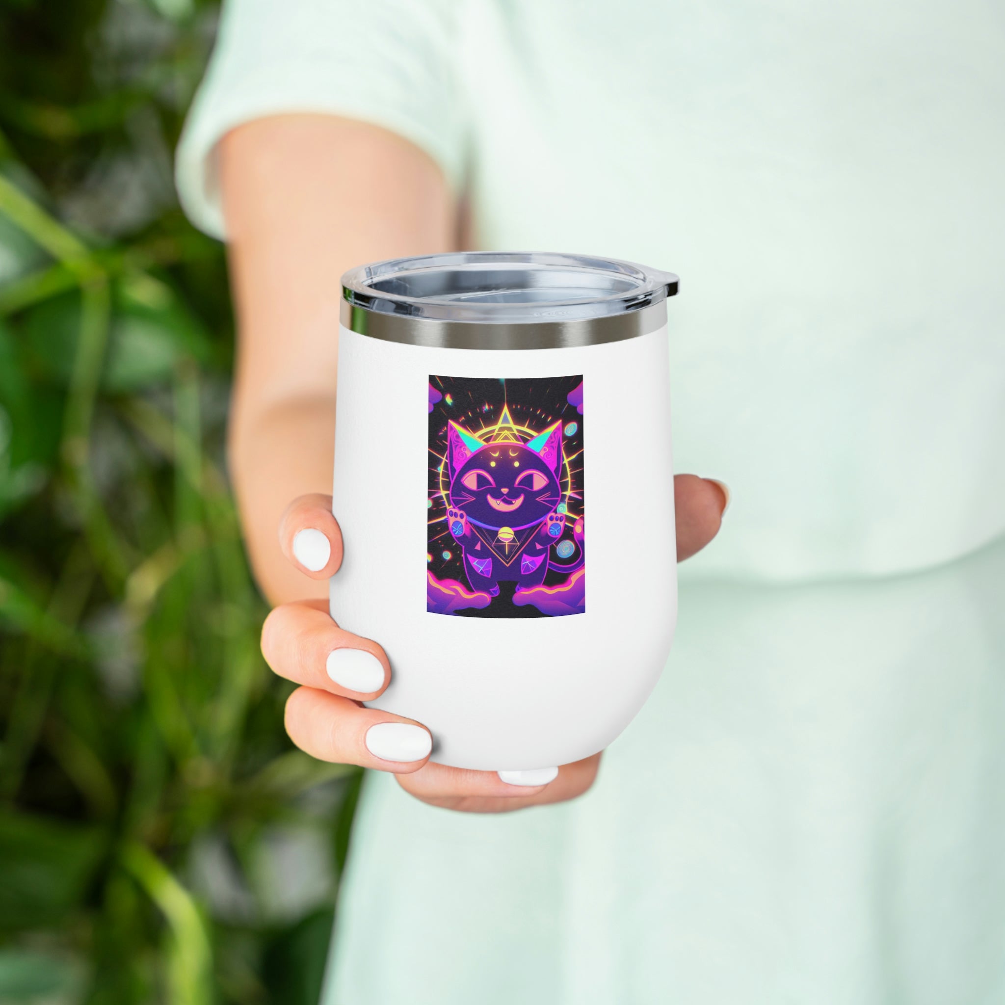 Purple Cat Wine Tumbler with clear lid, showcasing a whimsical cat design.