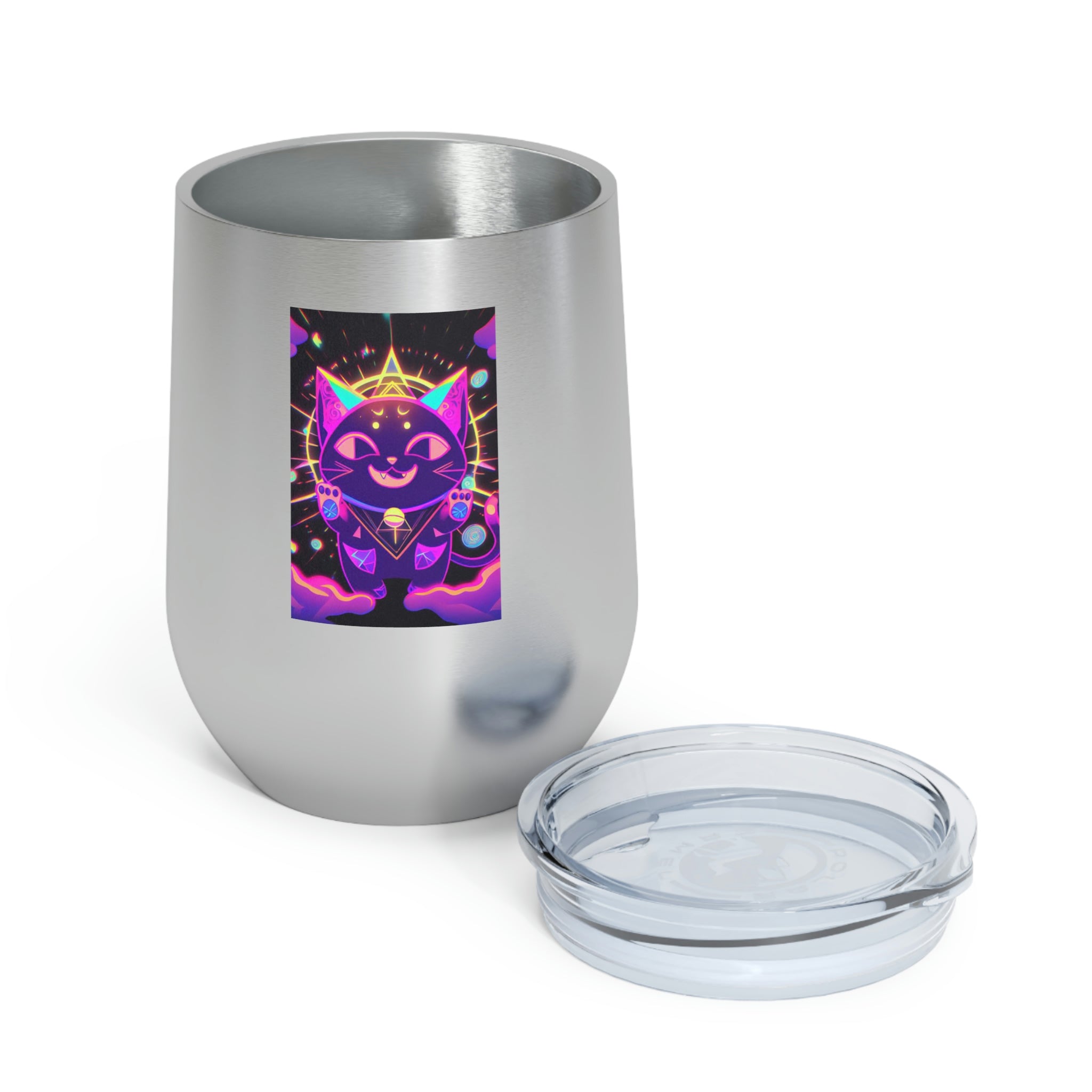 Purple Cat Wine Tumbler with clear lid, showcasing a whimsical cat design.