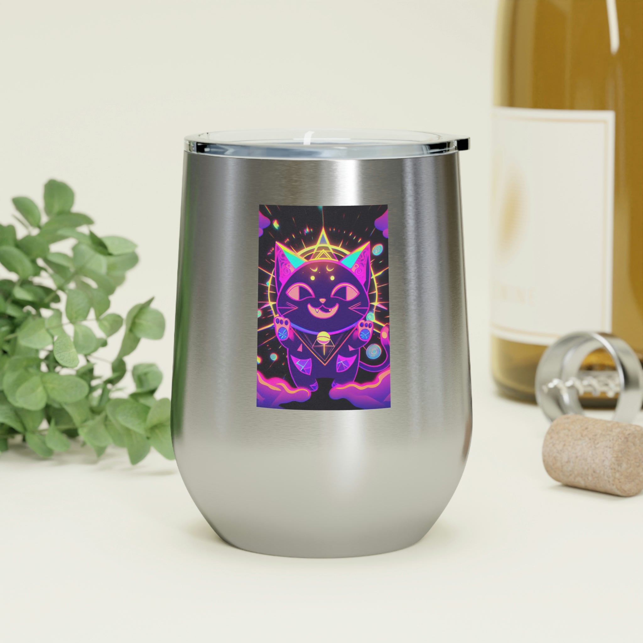 Purple Cat Wine Tumbler with clear lid, showcasing a whimsical cat design.