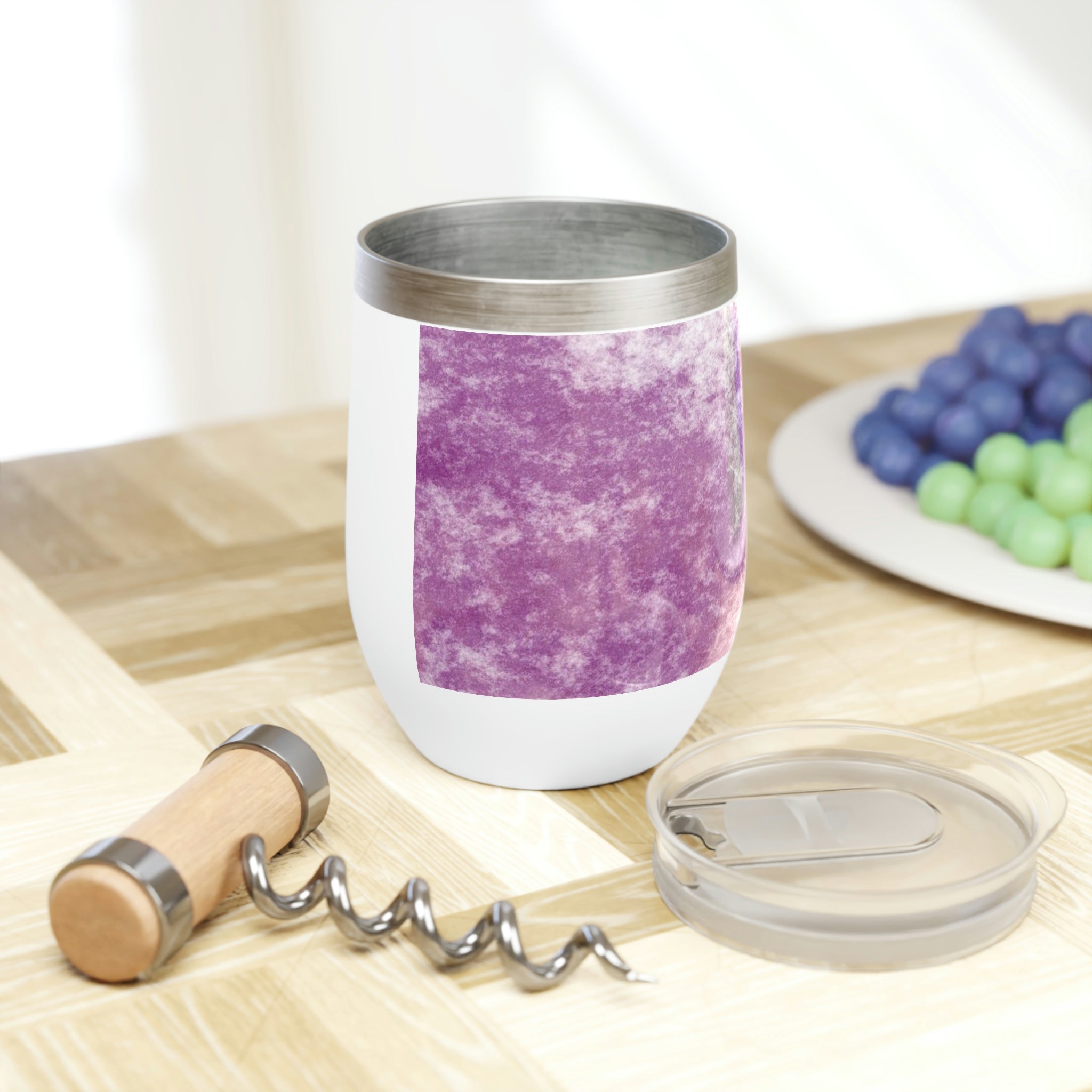 Purple Cloud Chill Wine Tumbler with double-insulated walls and a stylish stemless design, perfect for wine lovers.