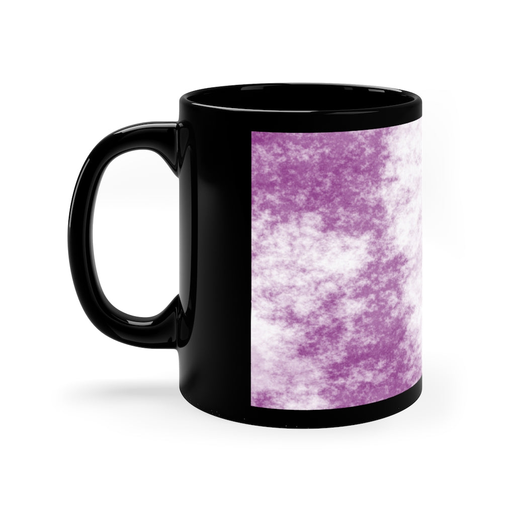 A stylish Purple Clouds 11oz black ceramic mug with a C-handle, perfect for coffee, tea, or hot chocolate.