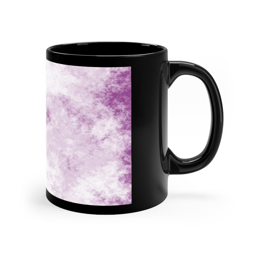 A stylish Purple Clouds 11oz black ceramic mug with a C-handle, perfect for coffee, tea, or hot chocolate.