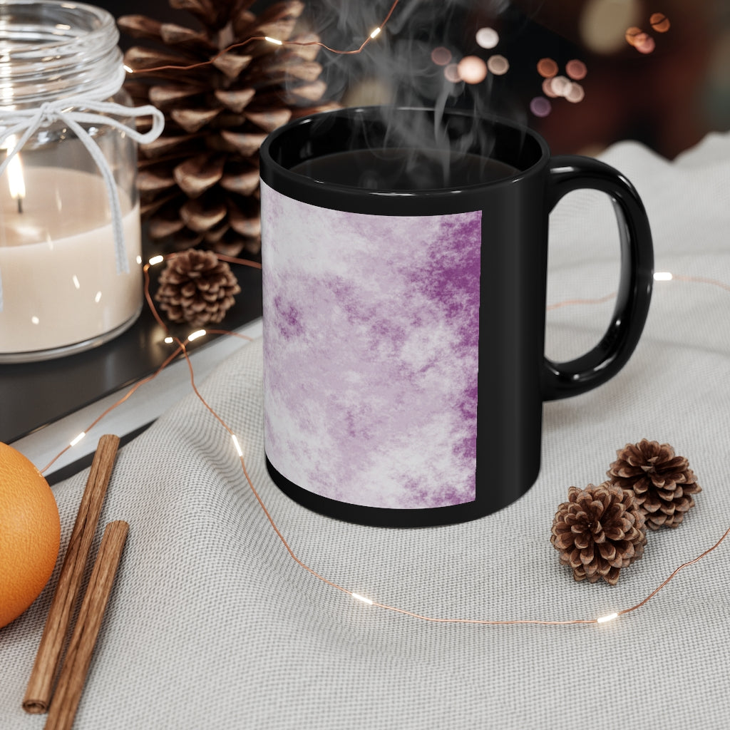 A stylish Purple Clouds 11oz black ceramic mug with a C-handle, perfect for coffee, tea, or hot chocolate.