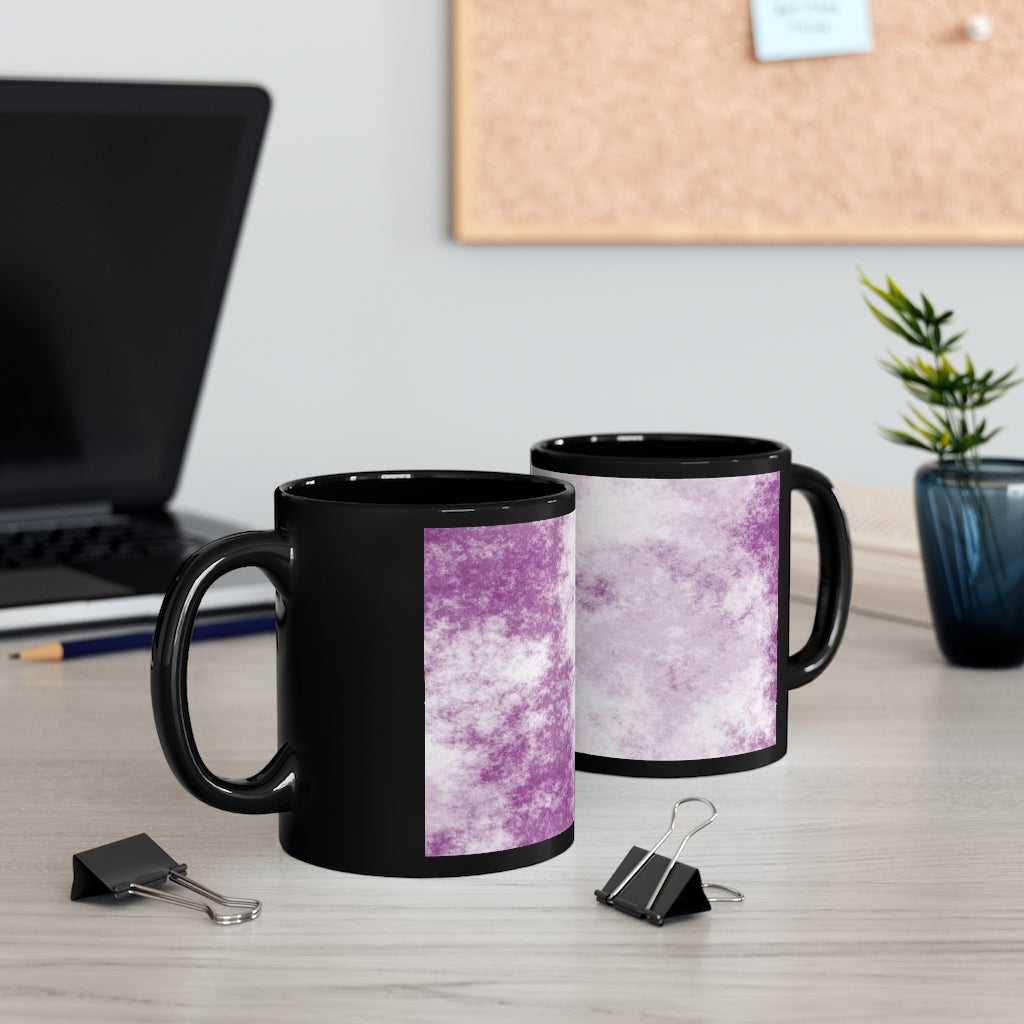 A stylish Purple Clouds 11oz black ceramic mug with a C-handle, perfect for coffee, tea, or hot chocolate.