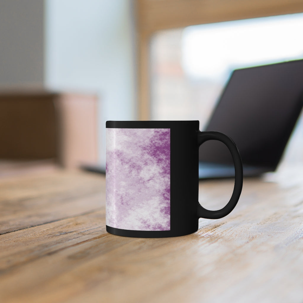 A stylish Purple Clouds 11oz black ceramic mug with a C-handle, perfect for coffee, tea, or hot chocolate.