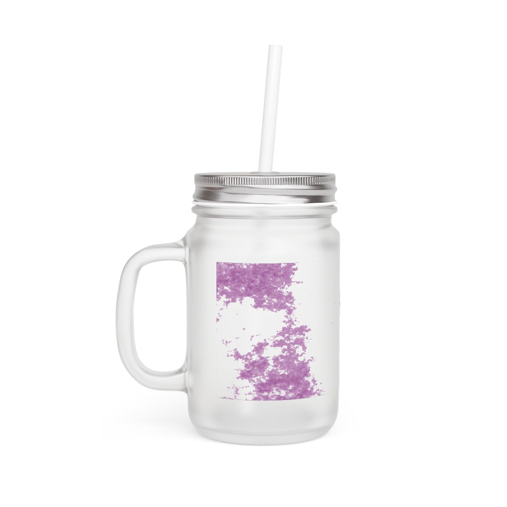 Purple Clouds Mason Jar with straw and lid, made of frosted glass, perfect for personalized drinks.