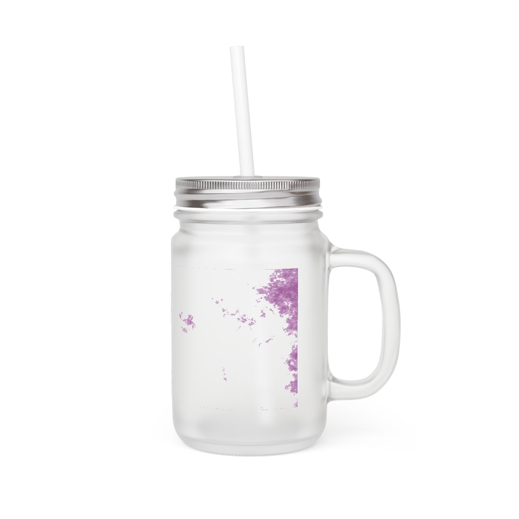 Purple Clouds Mason Jar with straw and lid, made of frosted glass, perfect for personalized drinks.