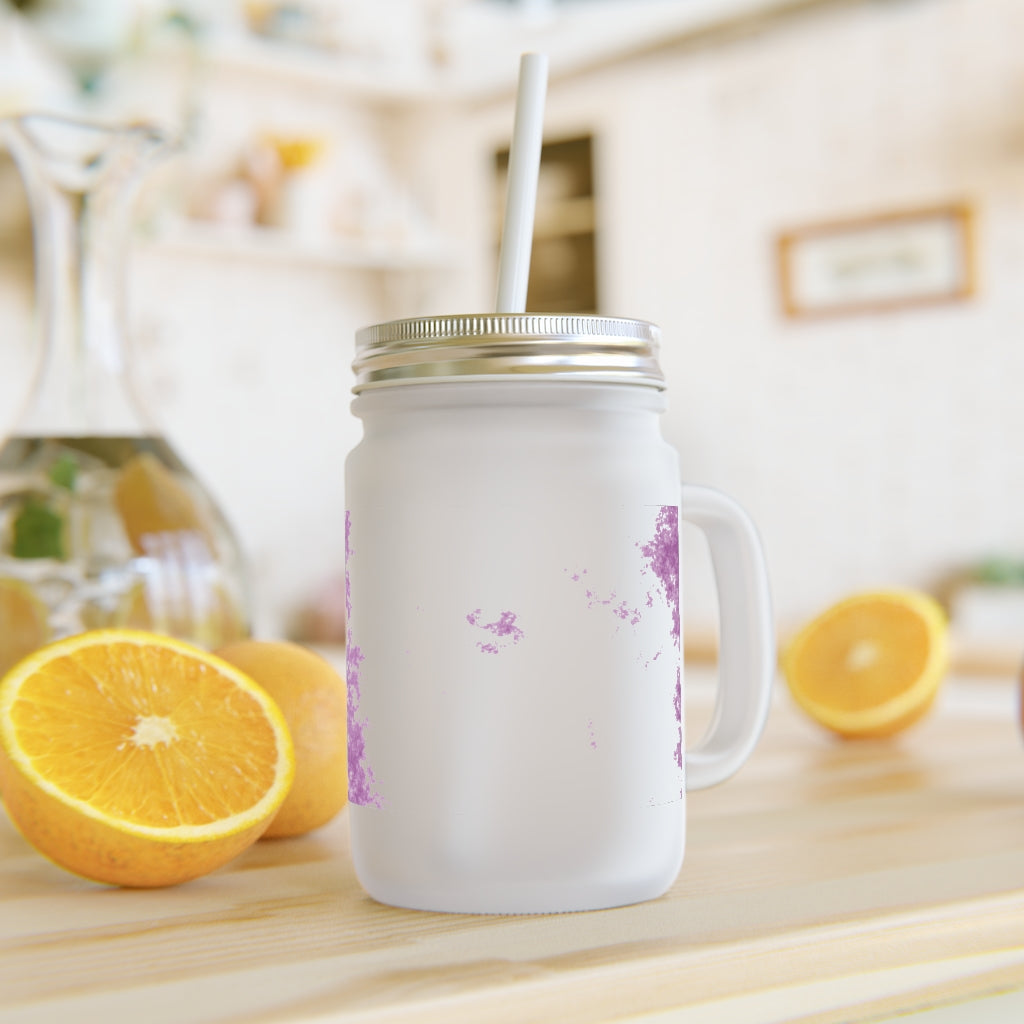 Purple Clouds Mason Jar with straw and lid, made of frosted glass, perfect for personalized drinks.