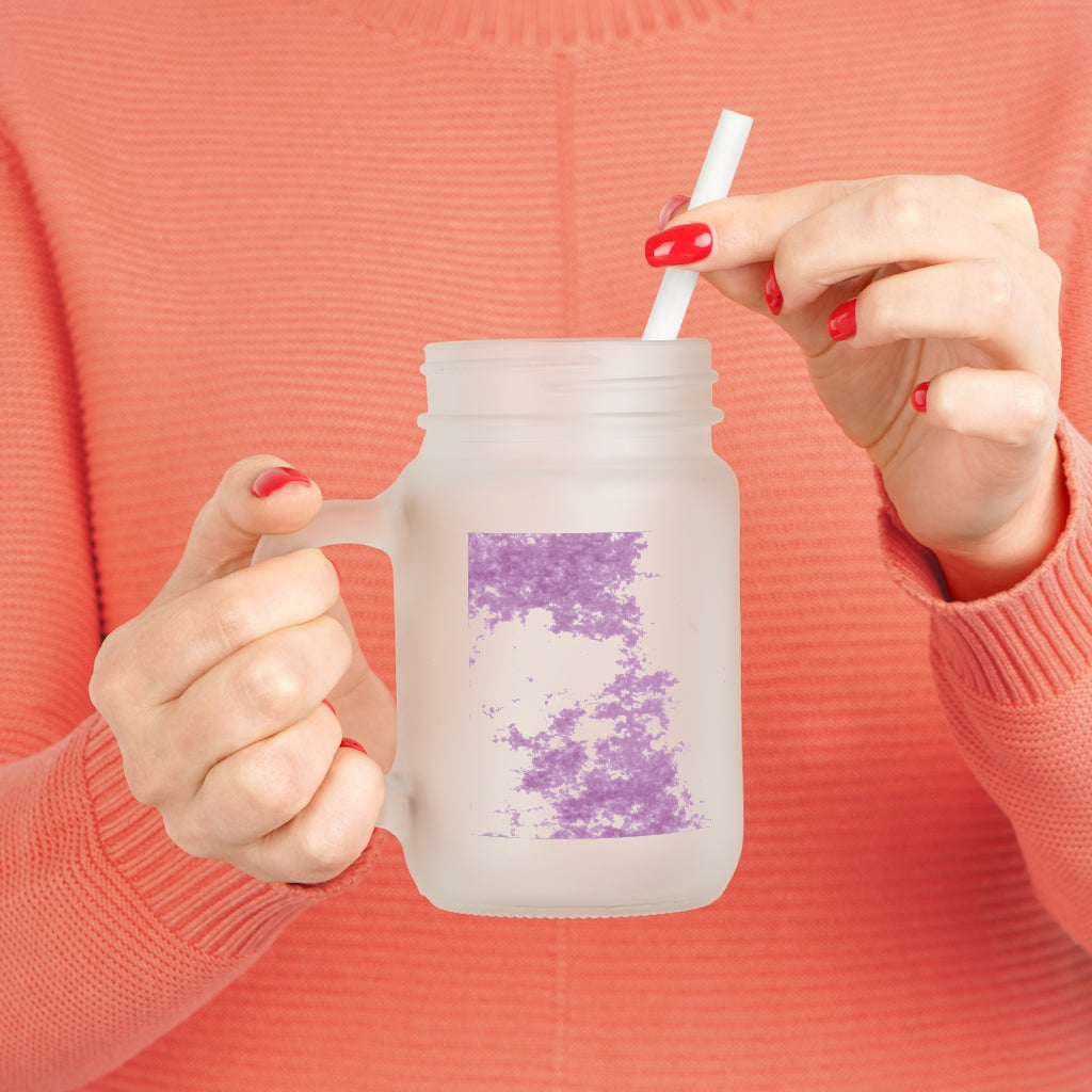 Purple Clouds Mason Jar with straw and lid, made of frosted glass, perfect for personalized drinks.