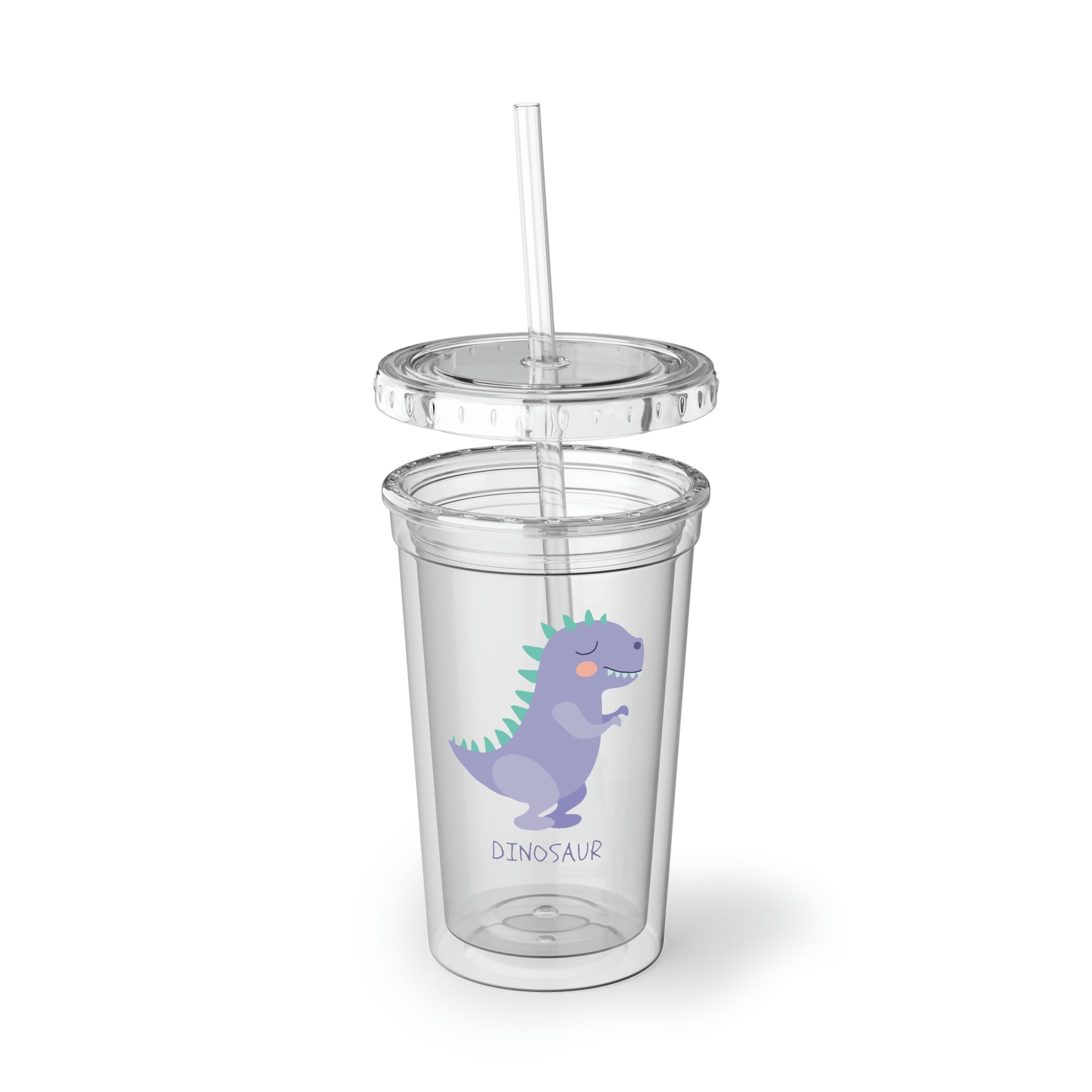 Purple Dinosaur Suave Acrylic Cup with double-wall insulation, featuring a vibrant dinosaur design, plastic lid, and straw.