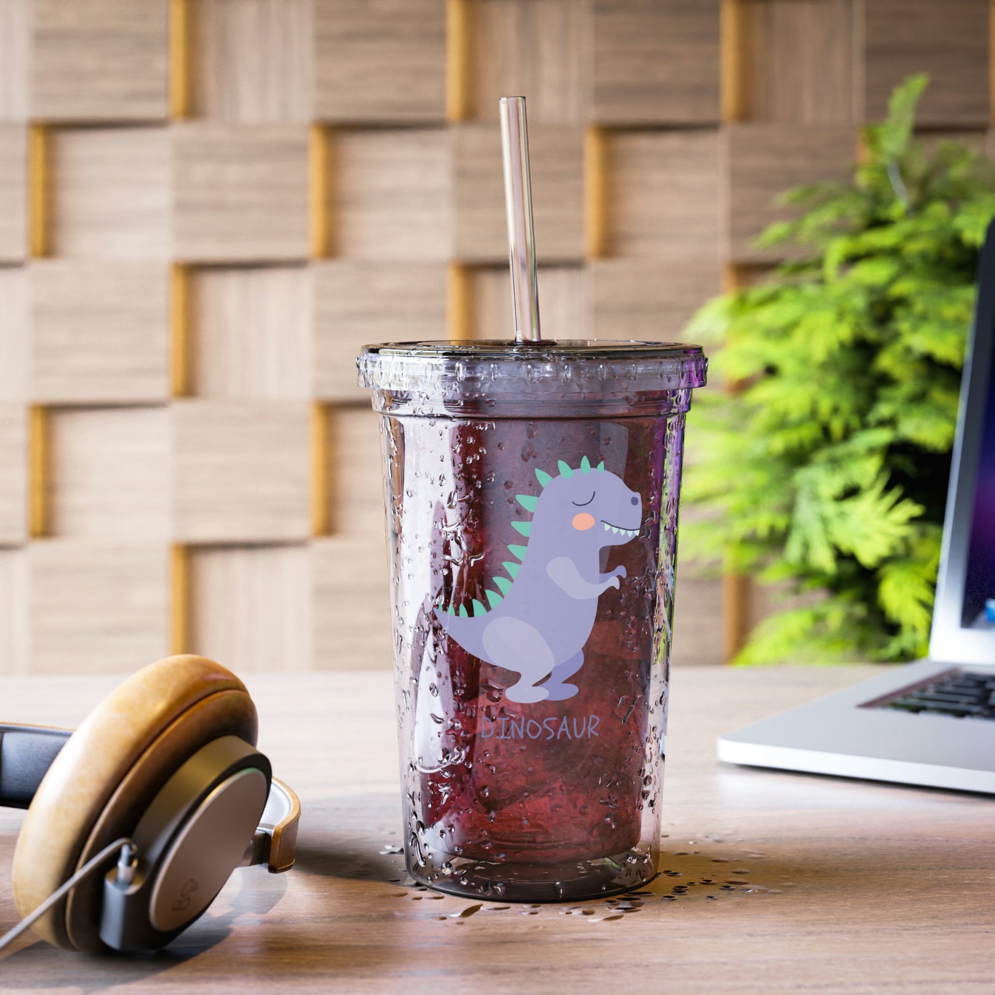 Purple Dinosaur Suave Acrylic Cup with double-wall insulation, featuring a vibrant dinosaur design, plastic lid, and straw.