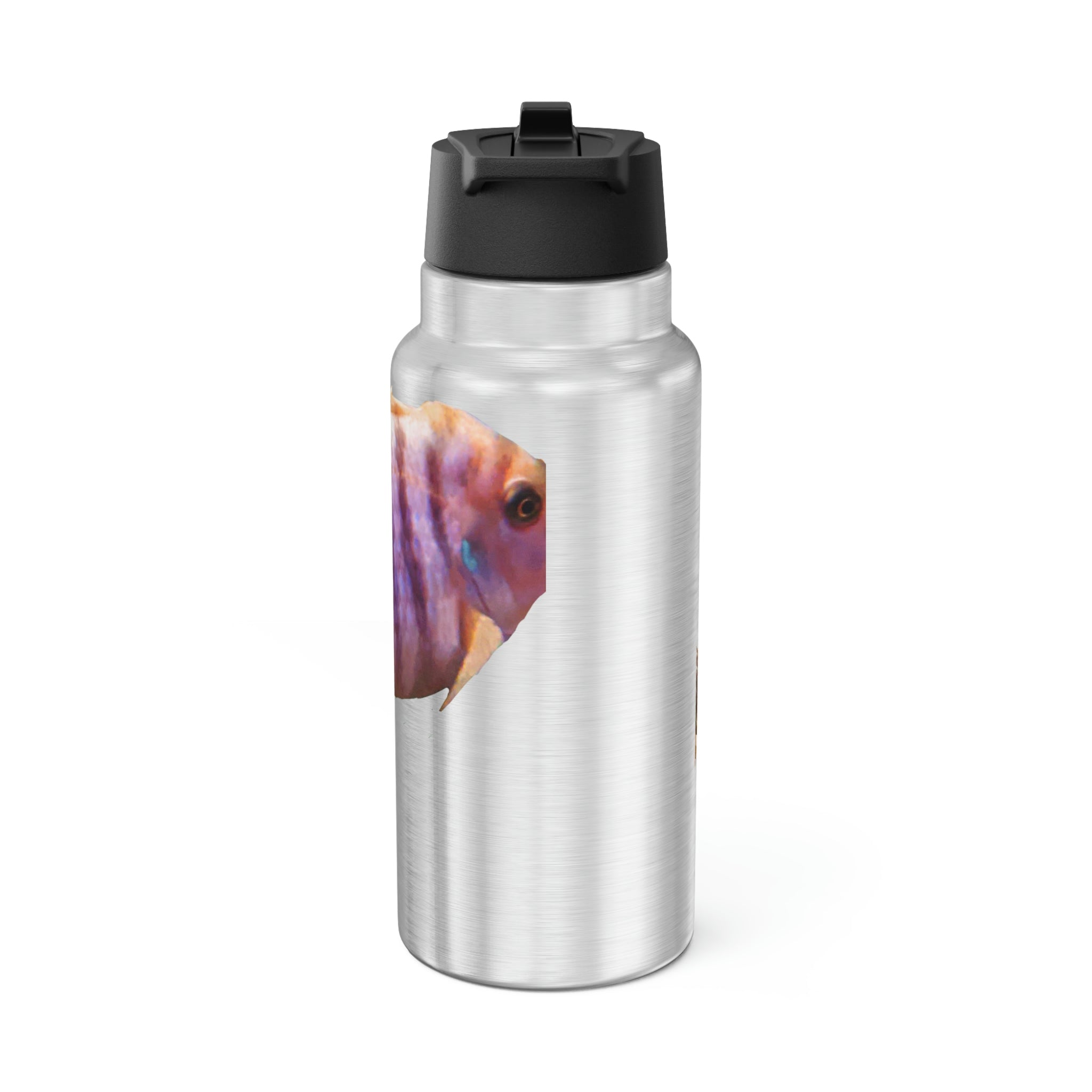 Purple Fish Gator Tumbler, 32oz, stainless steel with a black cap and straw, showcasing a vibrant design.