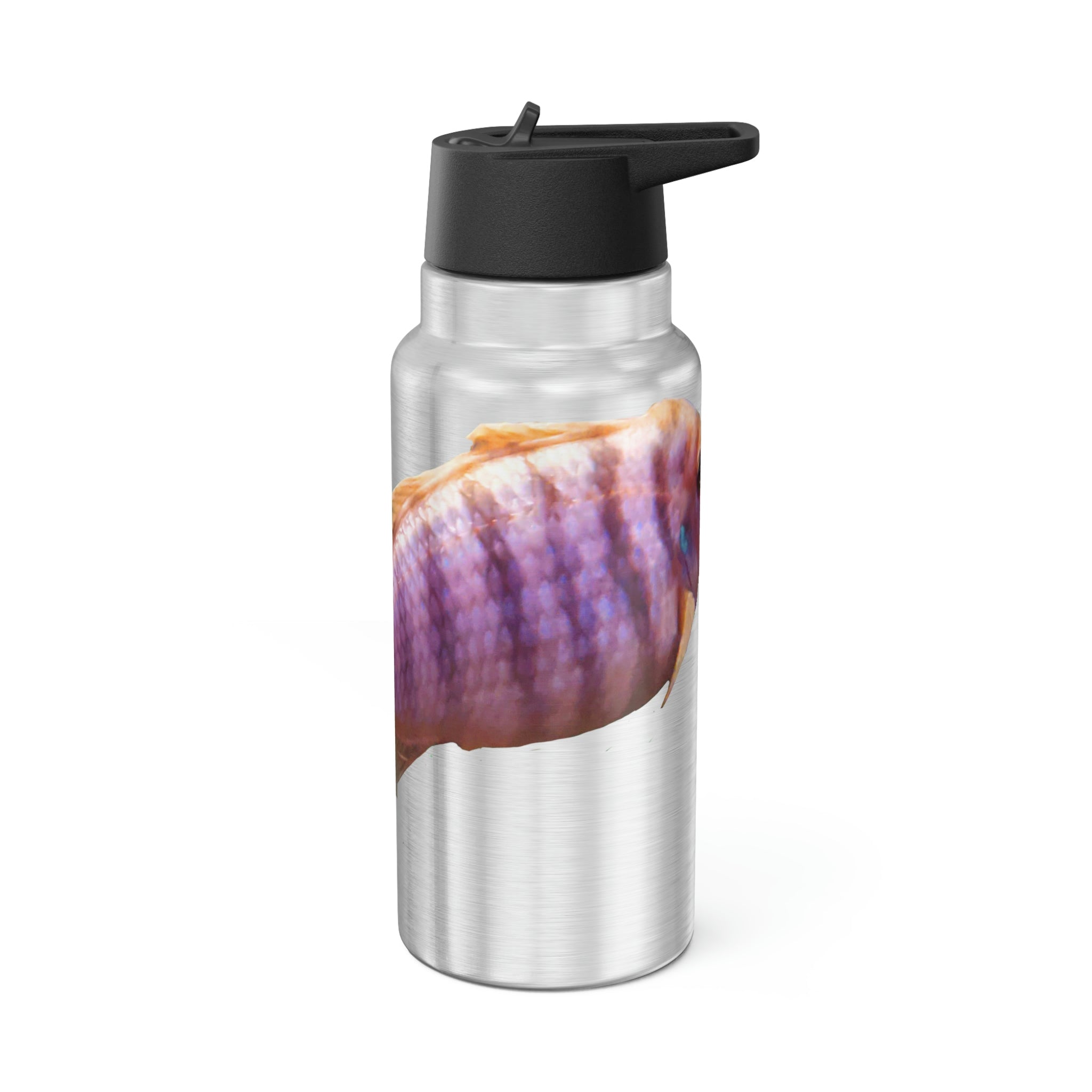 Purple Fish Gator Tumbler, 32oz, stainless steel with a black cap and straw, showcasing a vibrant design.