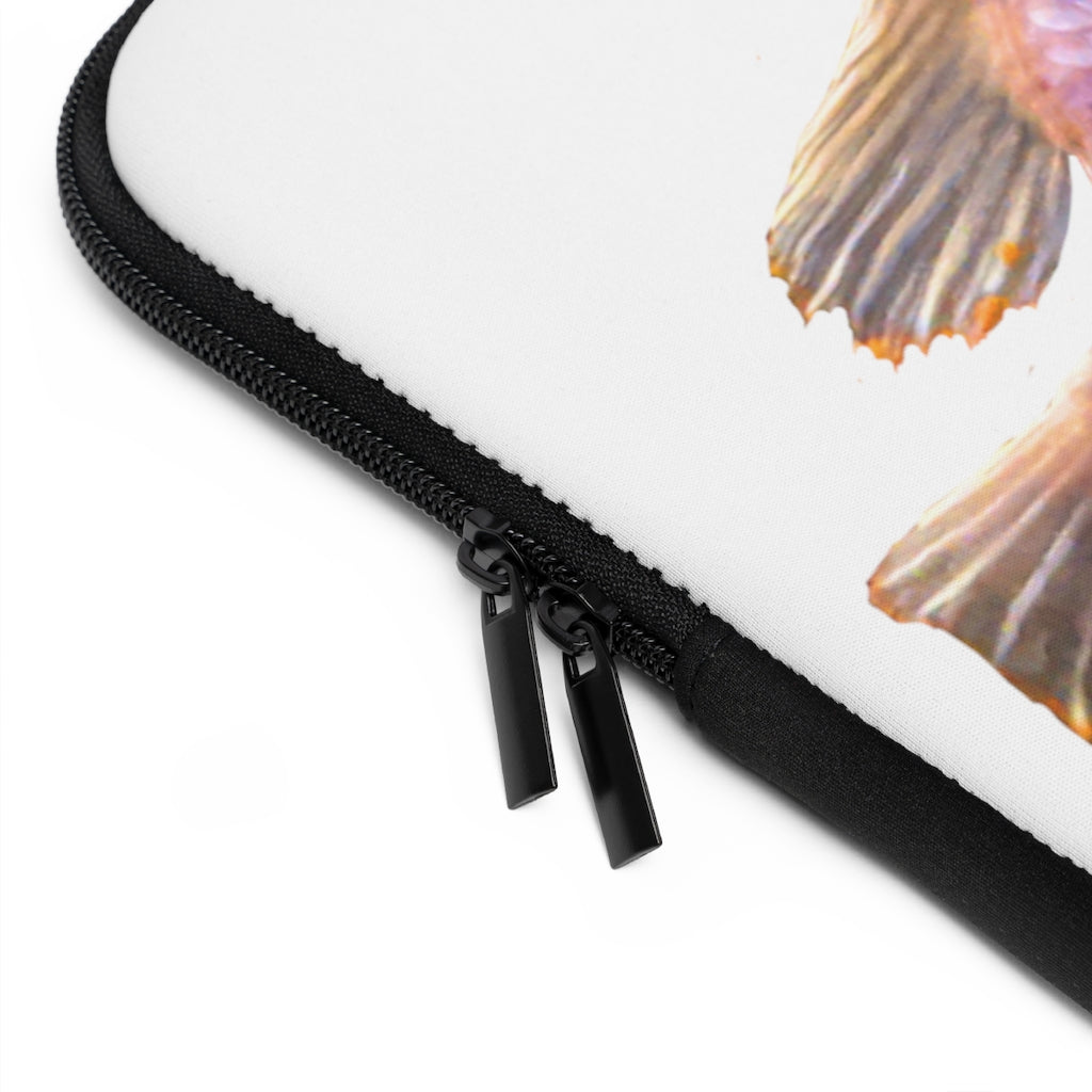 Purple Fish Laptop Sleeve featuring a vibrant fish design on the front and a solid black back, ideal for protecting laptops.