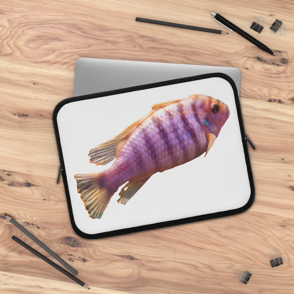 Purple Fish Laptop Sleeve featuring a vibrant fish design on the front and a solid black back, ideal for protecting laptops.