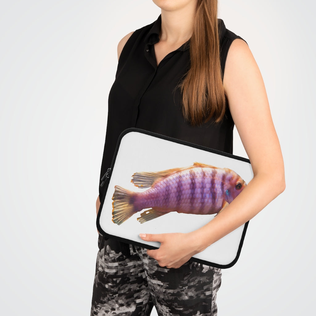 Purple Fish Laptop Sleeve featuring a vibrant fish design on the front and a solid black back, ideal for protecting laptops.