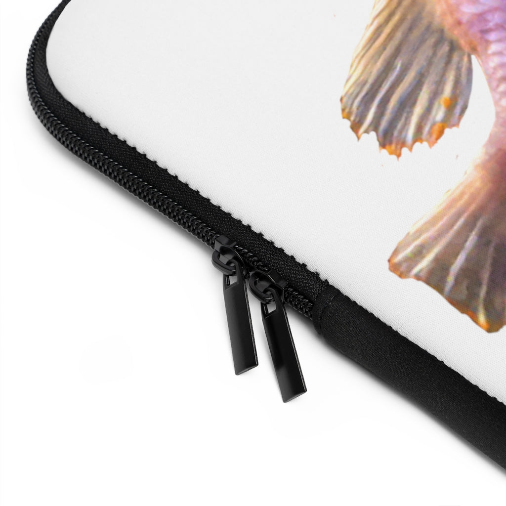 Purple Fish Laptop Sleeve featuring a vibrant fish design on the front and a solid black back, ideal for protecting laptops.