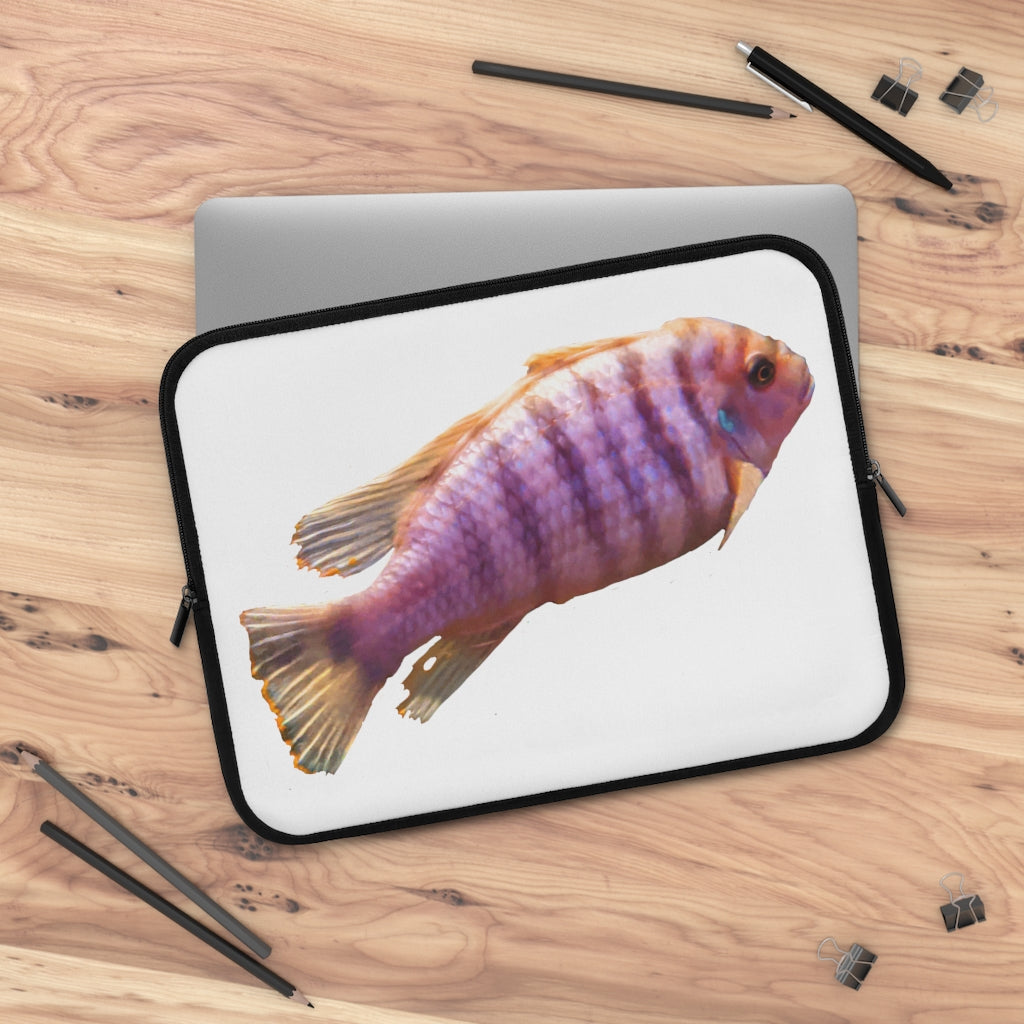 Purple Fish Laptop Sleeve featuring a vibrant fish design on the front and a solid black back, ideal for protecting laptops.