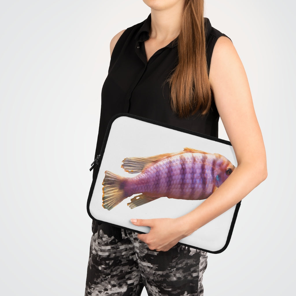 Purple Fish Laptop Sleeve featuring a vibrant fish design on the front and a solid black back, ideal for protecting laptops.