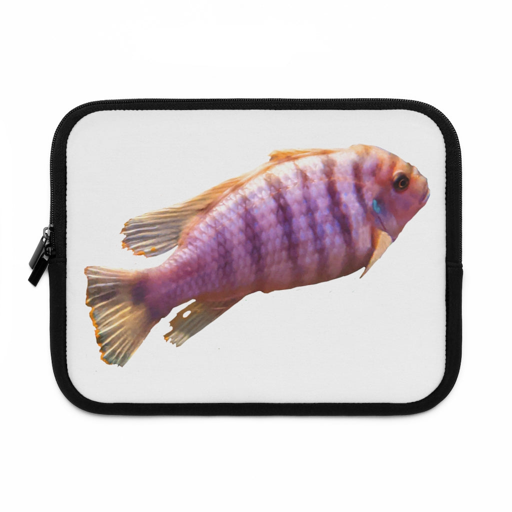 Purple Fish Laptop Sleeve featuring a vibrant fish design on the front and a solid black back, ideal for protecting laptops.