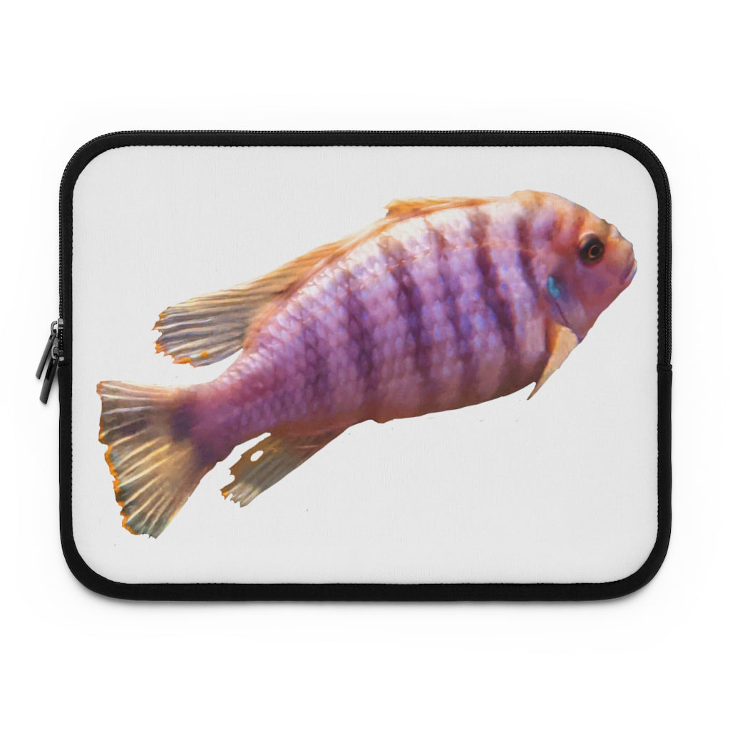 Purple Fish Laptop Sleeve featuring a vibrant fish design on the front and a solid black back, ideal for protecting laptops.