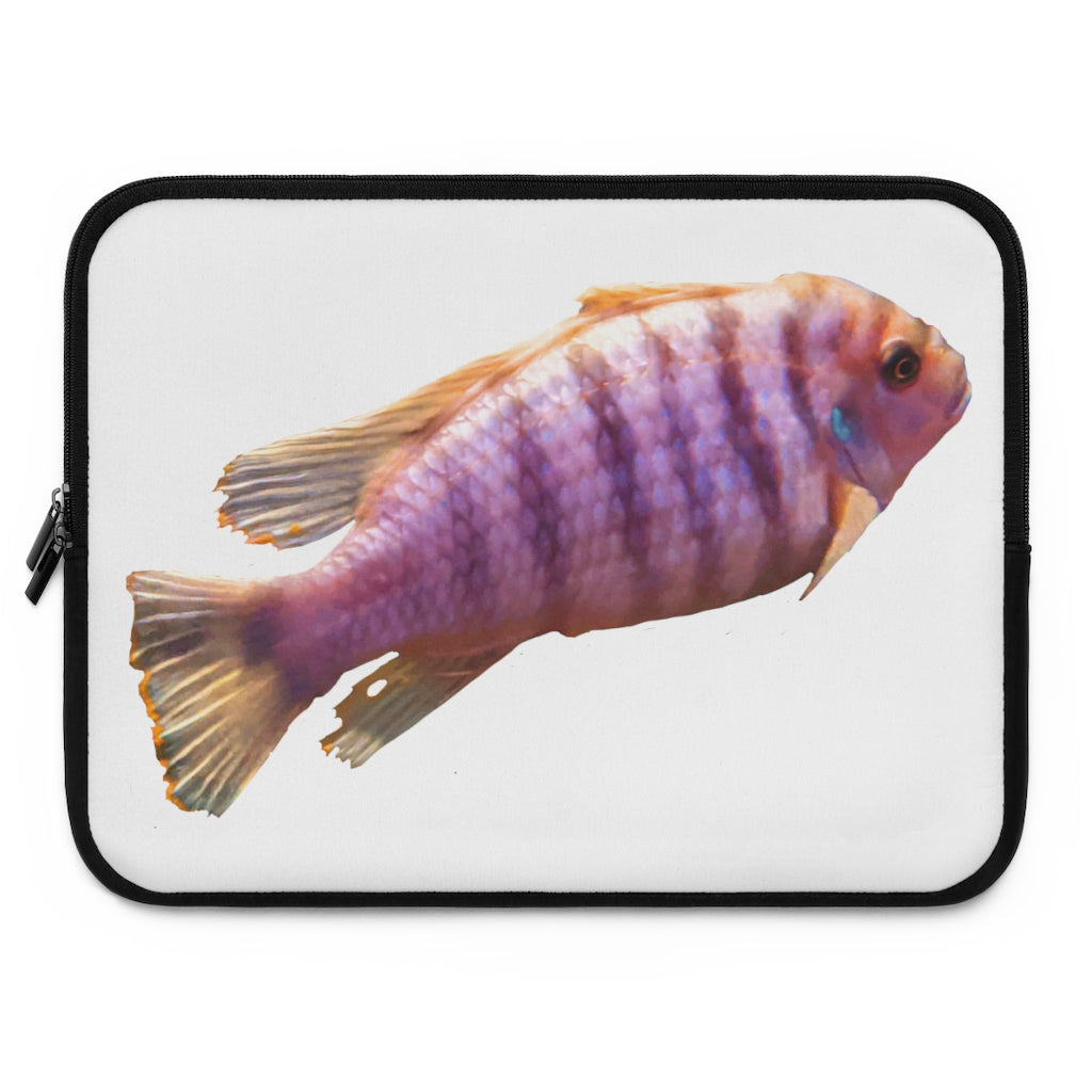 Purple Fish Laptop Sleeve featuring a vibrant fish design on the front and a solid black back, ideal for protecting laptops.