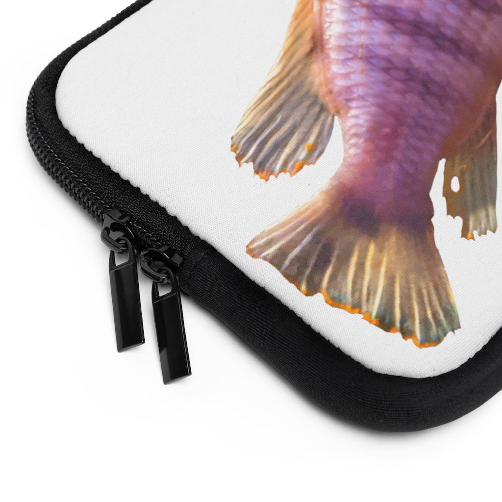 Purple Fish Laptop Sleeve featuring a vibrant fish design on the front and a solid black back, ideal for protecting laptops.