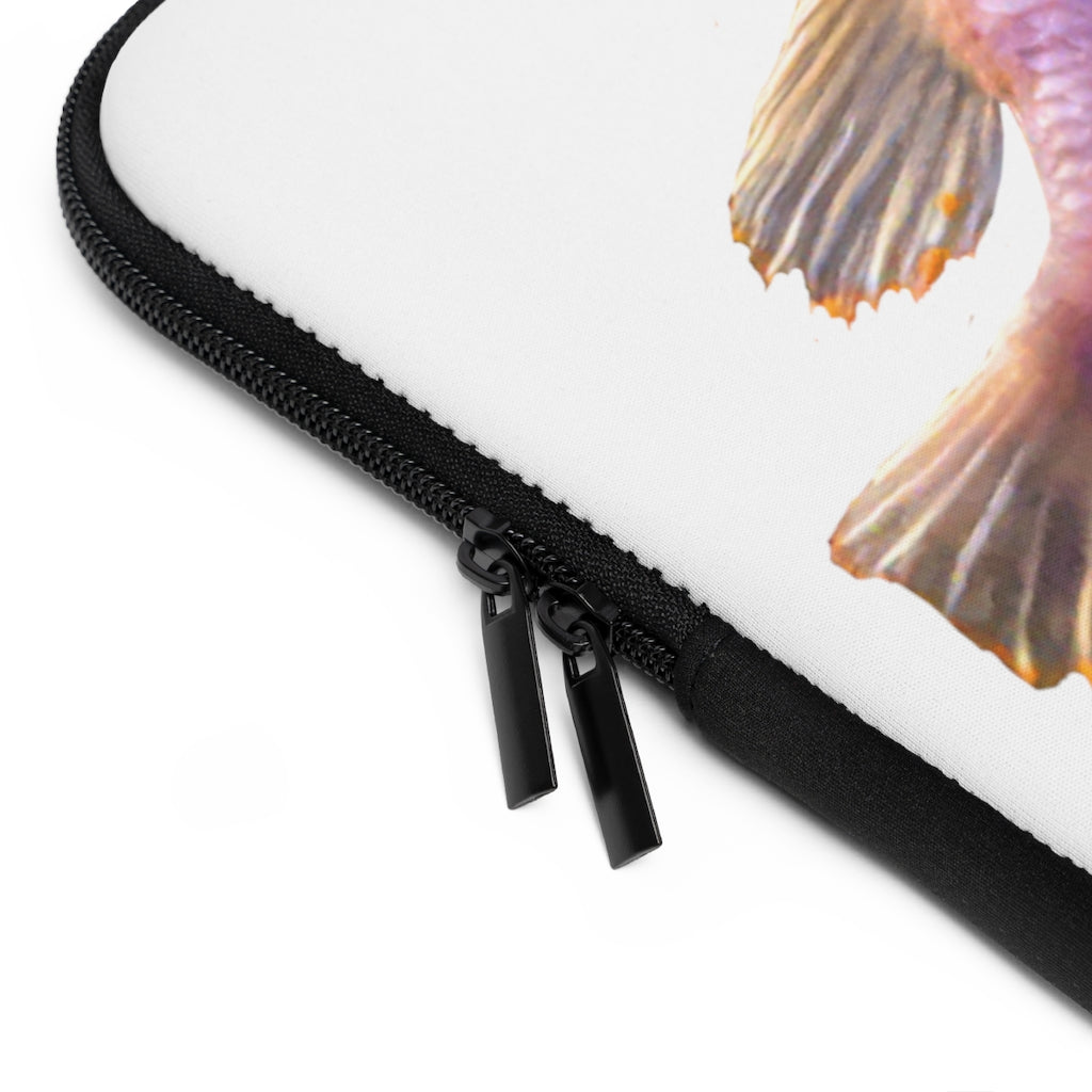 Purple Fish Laptop Sleeve featuring a vibrant fish design on the front and a solid black back, ideal for protecting laptops.