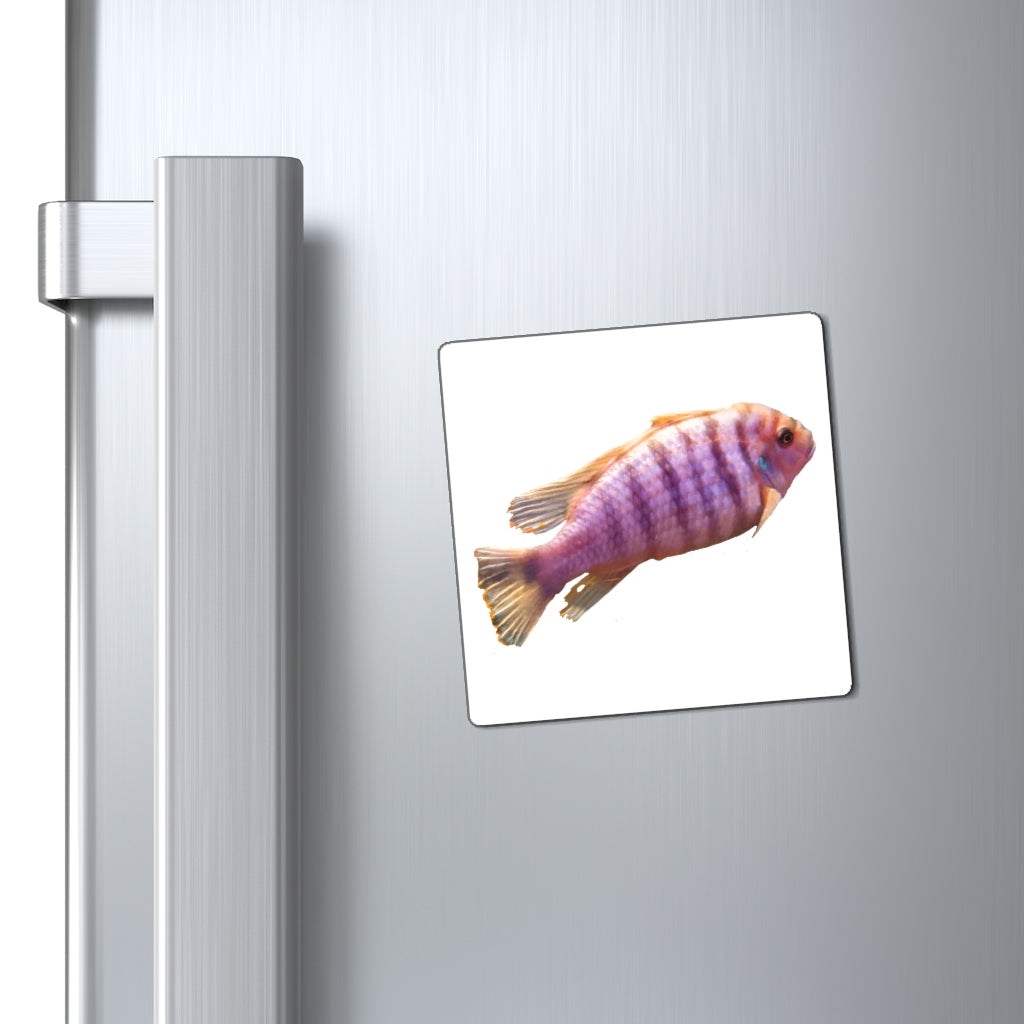 A set of vibrant purple fish magnets displayed on a metallic surface, showcasing their strong hold and colorful design.