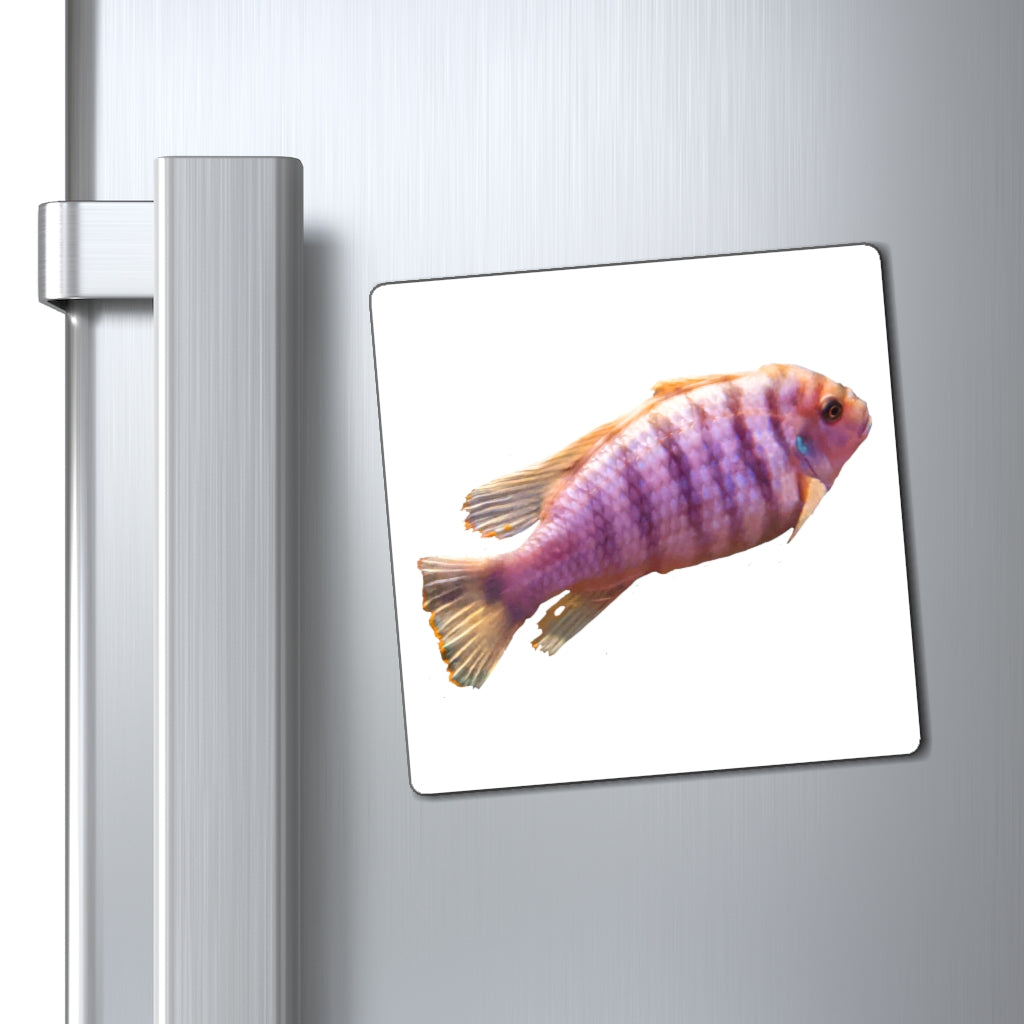 A set of vibrant purple fish magnets displayed on a metallic surface, showcasing their strong hold and colorful design.