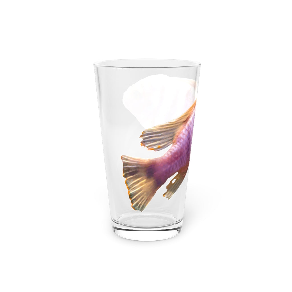 A clear 16oz pint glass featuring a purple fish design, perfect for personalized drinks.