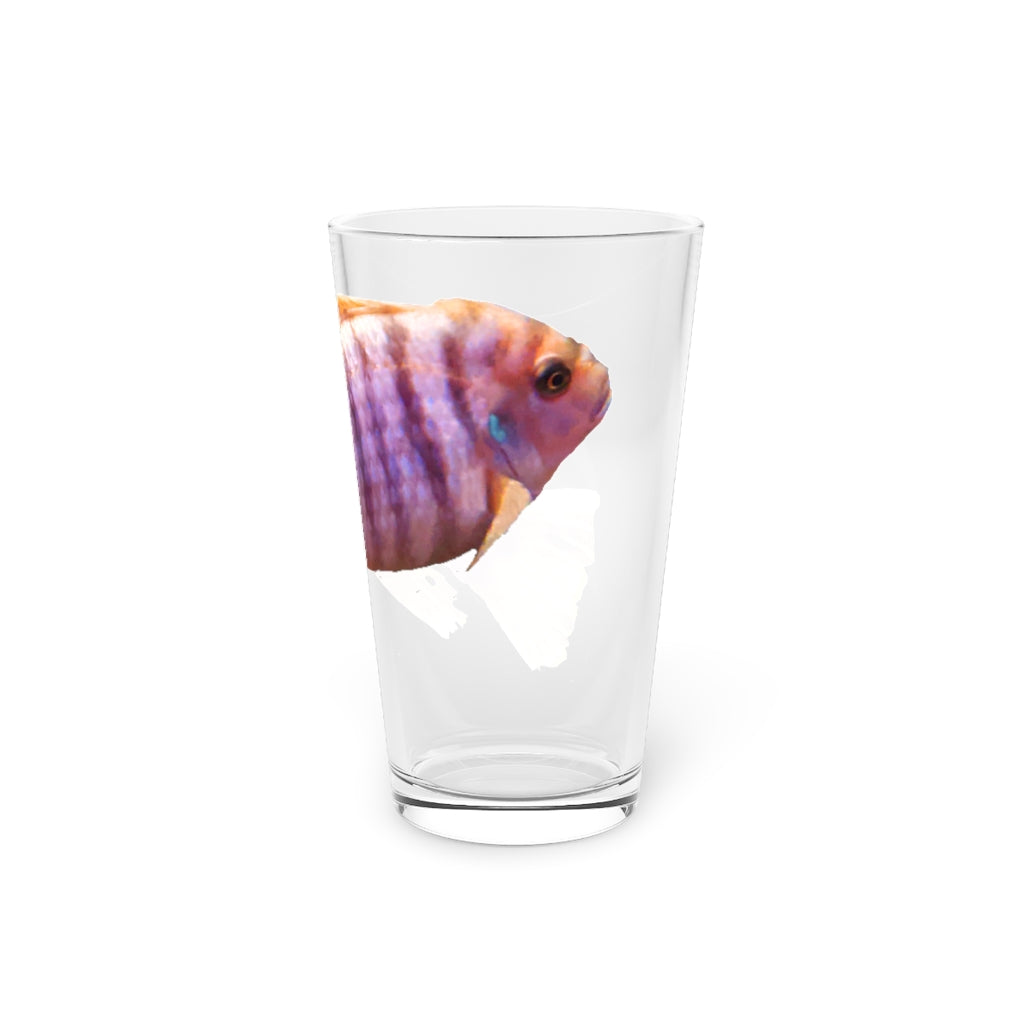 A clear 16oz pint glass featuring a purple fish design, perfect for personalized drinks.