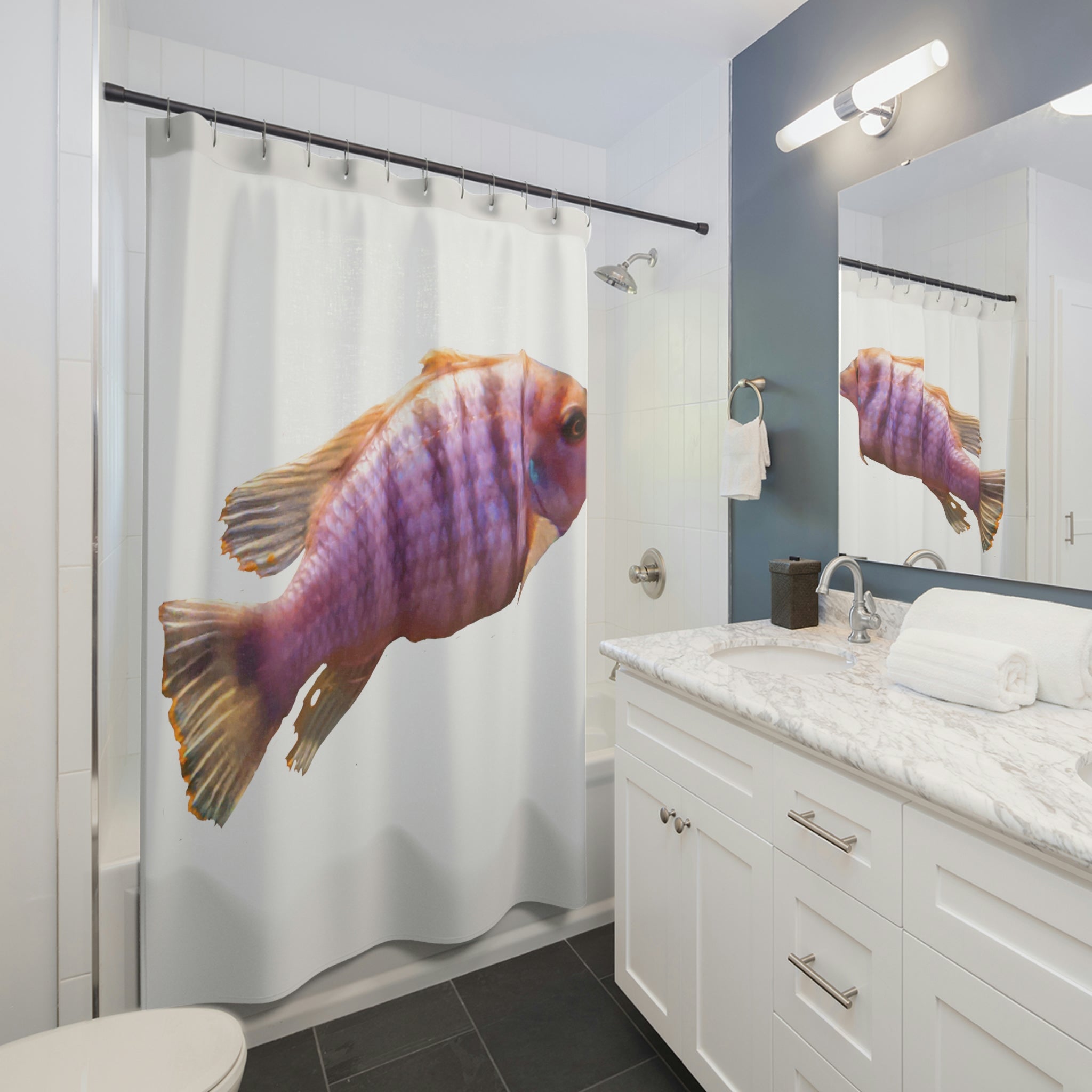 A vibrant purple fish shower curtain showcasing colorful fish designs on a durable polyester fabric, perfect for bathroom decor.