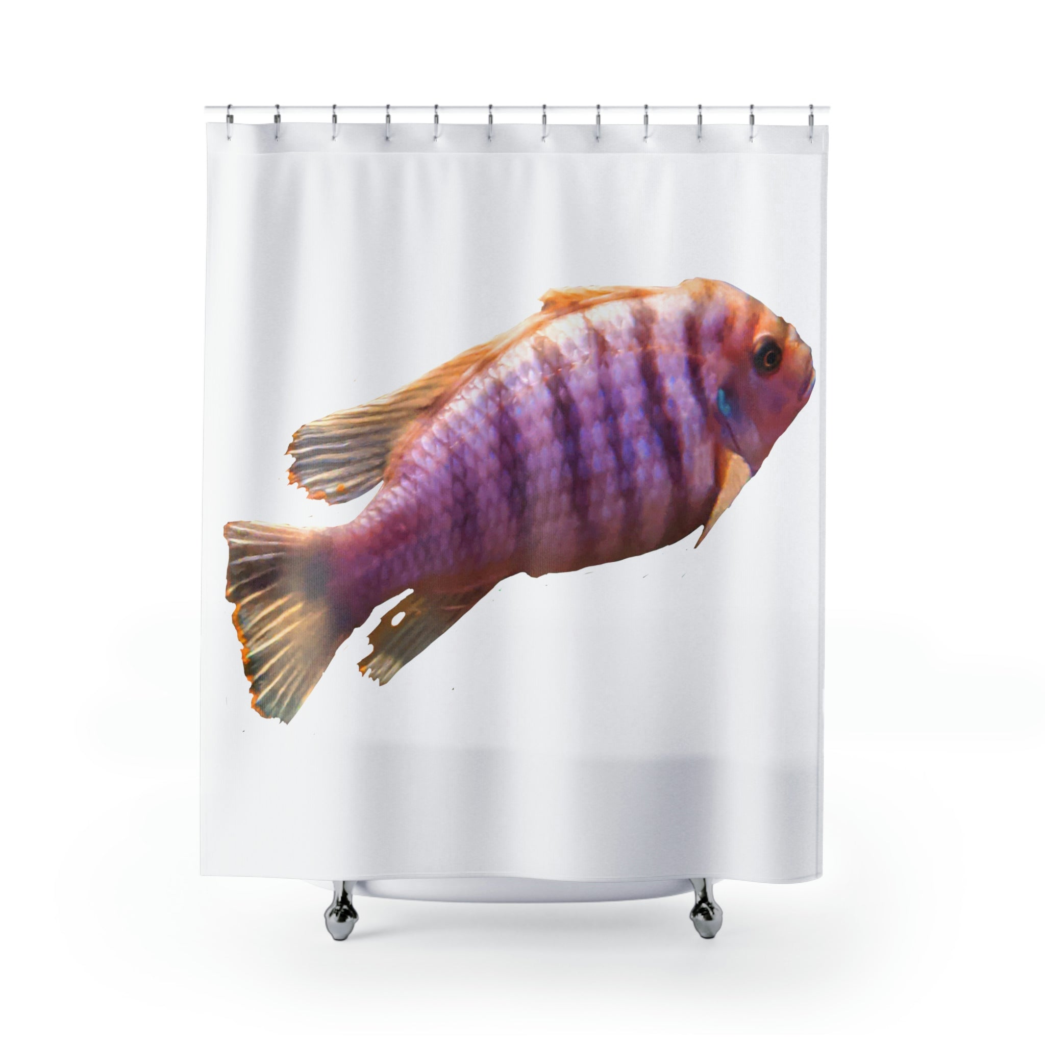 A vibrant purple fish shower curtain showcasing colorful fish designs on a durable polyester fabric, perfect for bathroom decor.