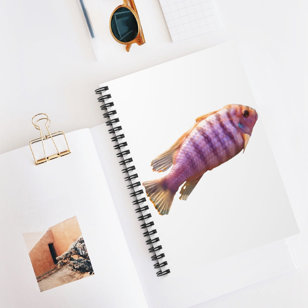 Purple Fish Spiral Notebook with ruled line pages and a vibrant cover design featuring a whimsical purple fish.