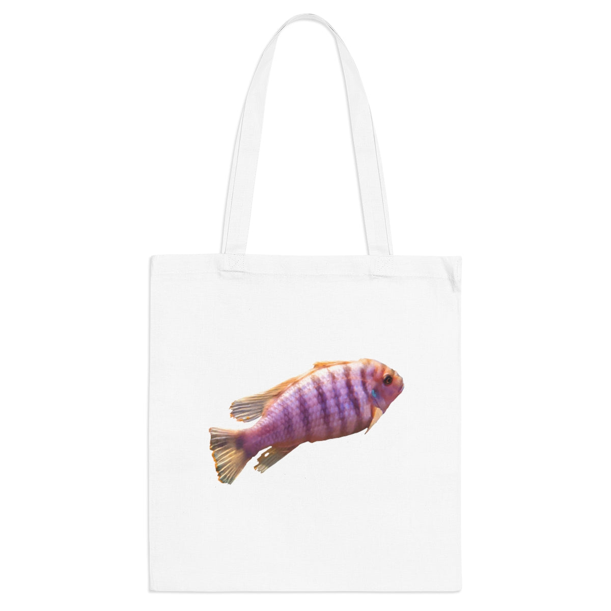 A vibrant purple tote bag featuring a colorful fish design, made from 100% cotton with long cross-stitched handles for durability.