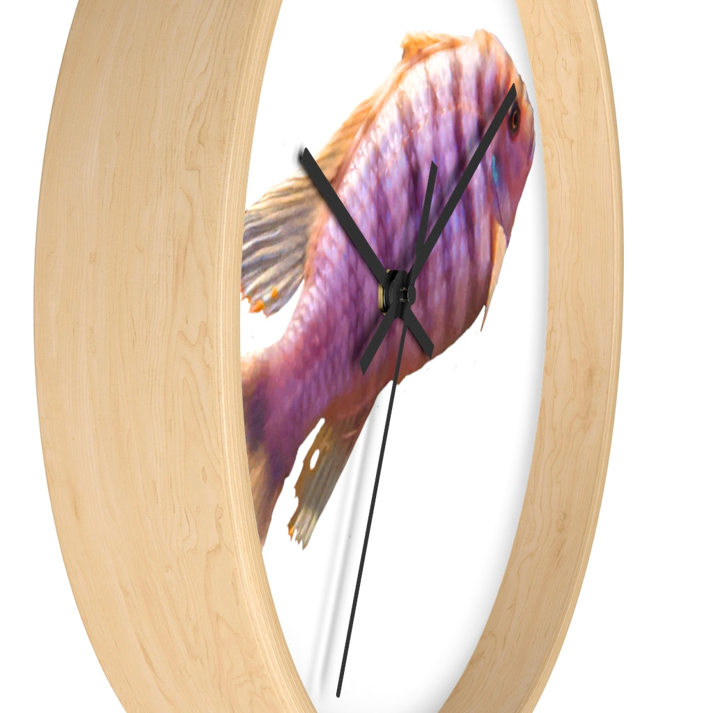 A vibrant purple fish wall clock with a wooden frame and plexiglass face, showcasing a unique design perfect for home decor.