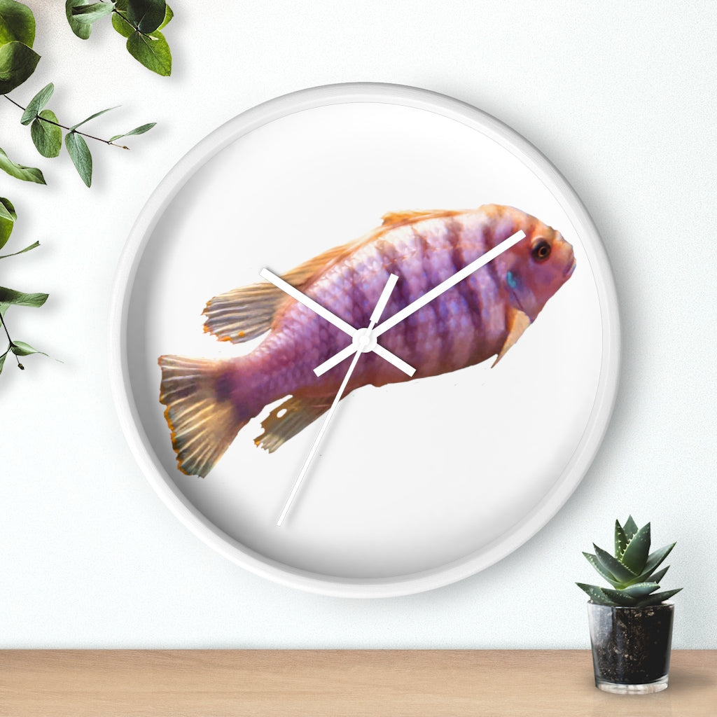 A vibrant purple fish wall clock with a wooden frame and plexiglass face, showcasing a unique design perfect for home decor.