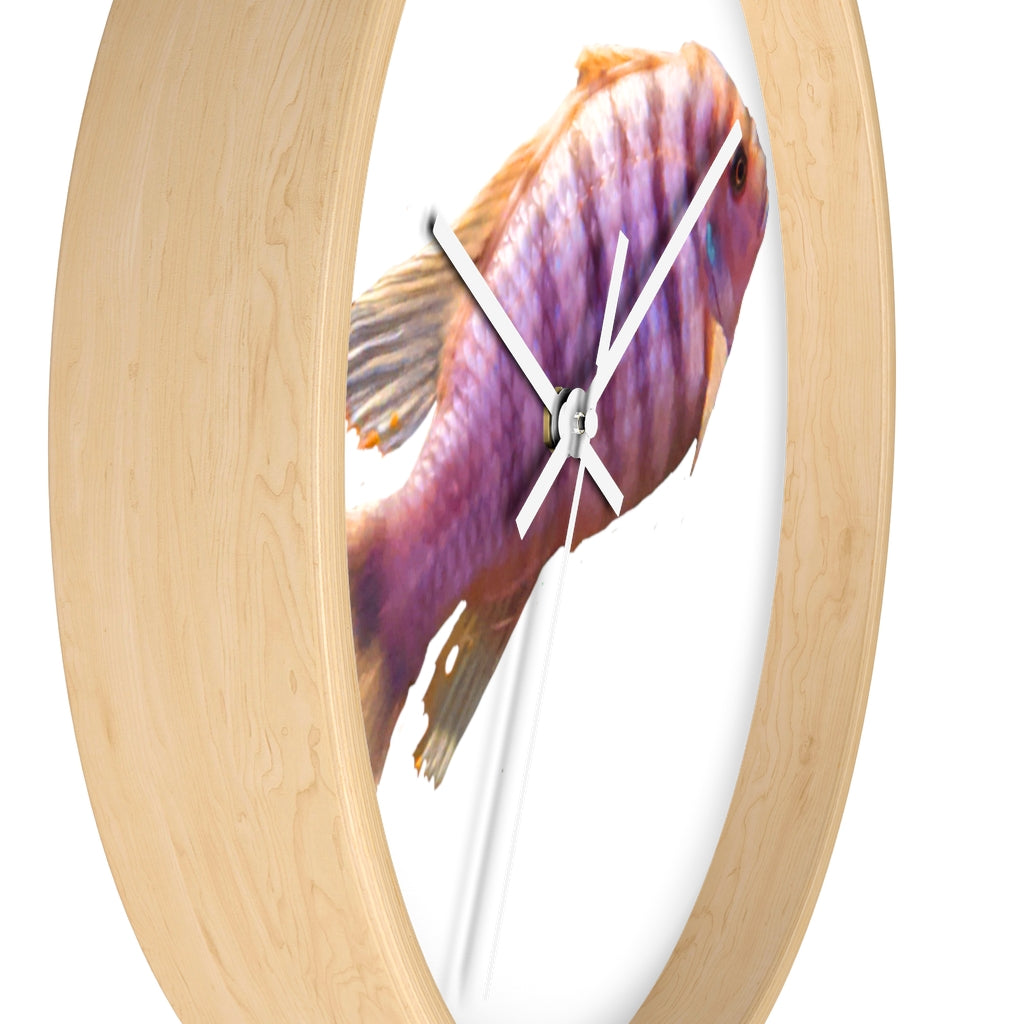 A vibrant purple fish wall clock with a wooden frame and plexiglass face, showcasing a unique design perfect for home decor.