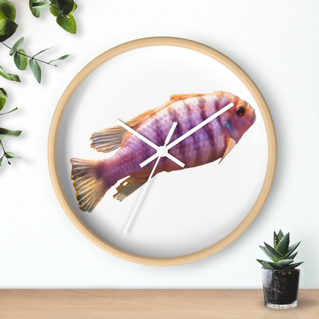 A vibrant purple fish wall clock with a wooden frame and plexiglass face, showcasing a unique design perfect for home decor.