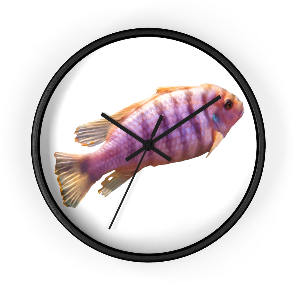 A vibrant purple fish wall clock with a wooden frame and plexiglass face, showcasing a unique design perfect for home decor.