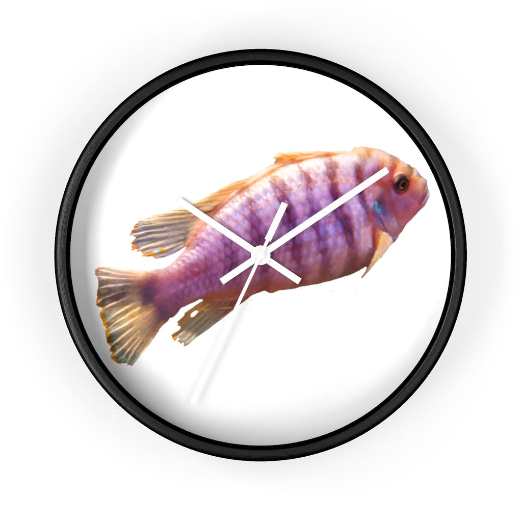 A vibrant purple fish wall clock with a wooden frame and plexiglass face, showcasing a unique design perfect for home decor.